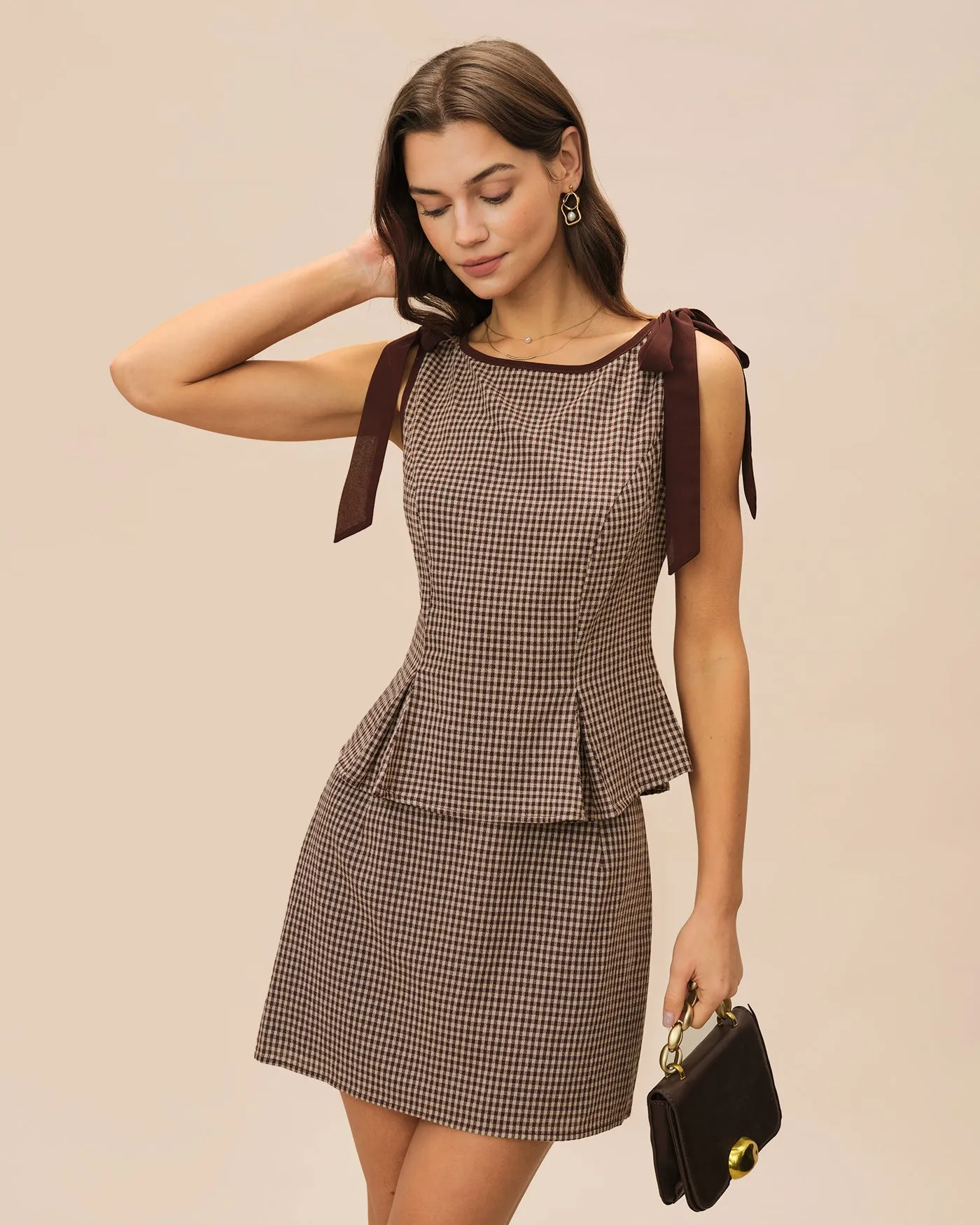 Brown Plaid Cotton Mini Skirt sold by rihoas product image thumbnail 3