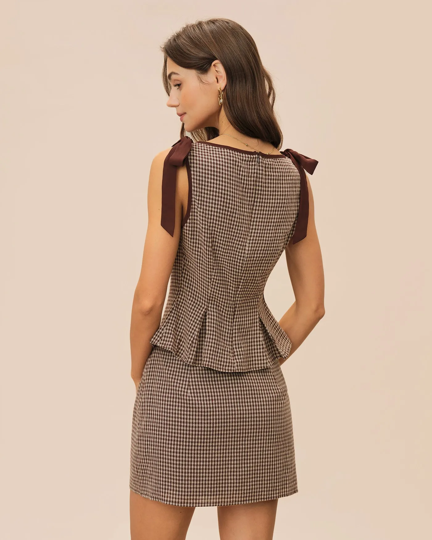 Brown Plaid Cotton Mini Skirt sold by rihoas product image thumbnail 4