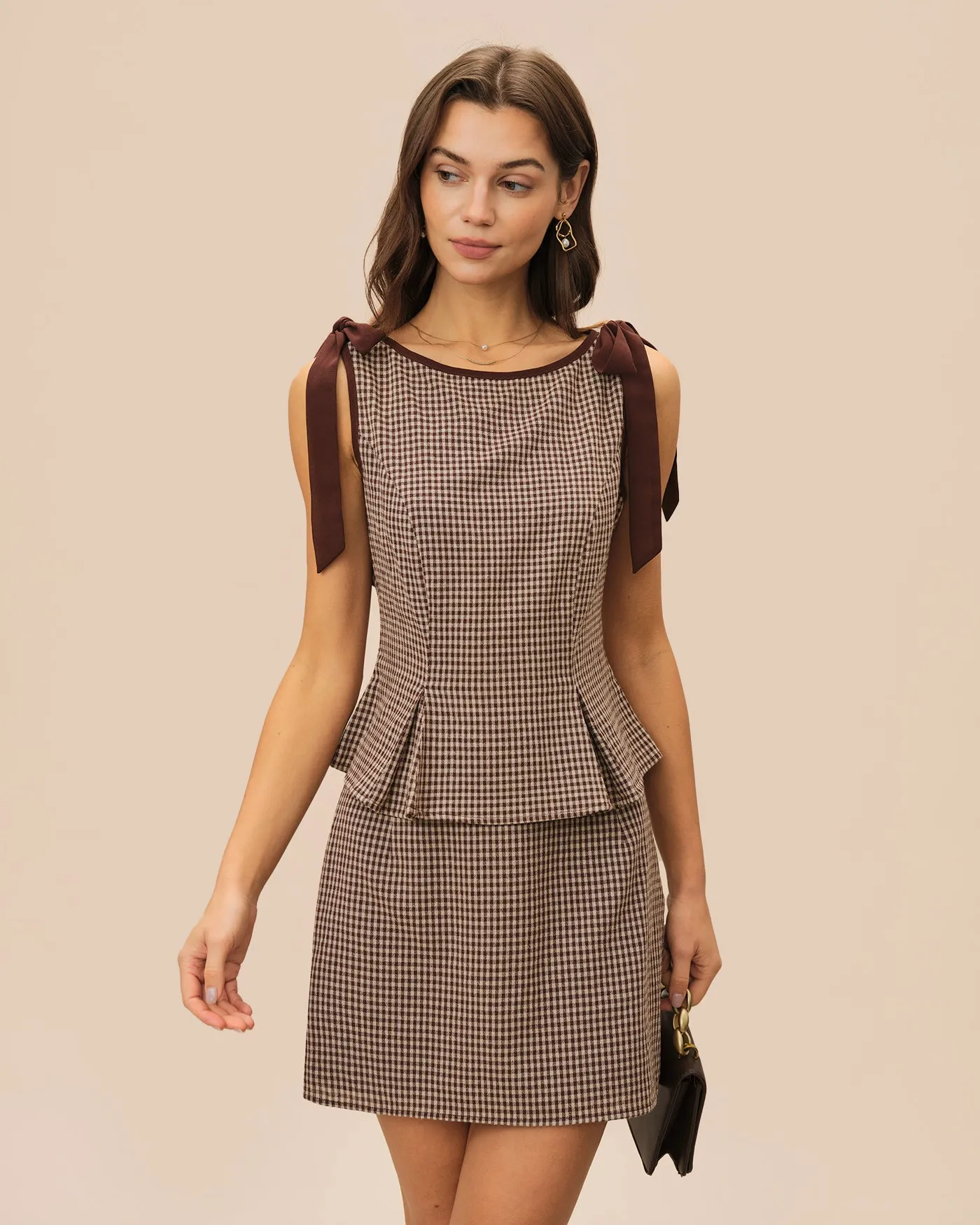 Brown Plaid Cotton Mini Skirt sold by rihoas product image thumbnail 2