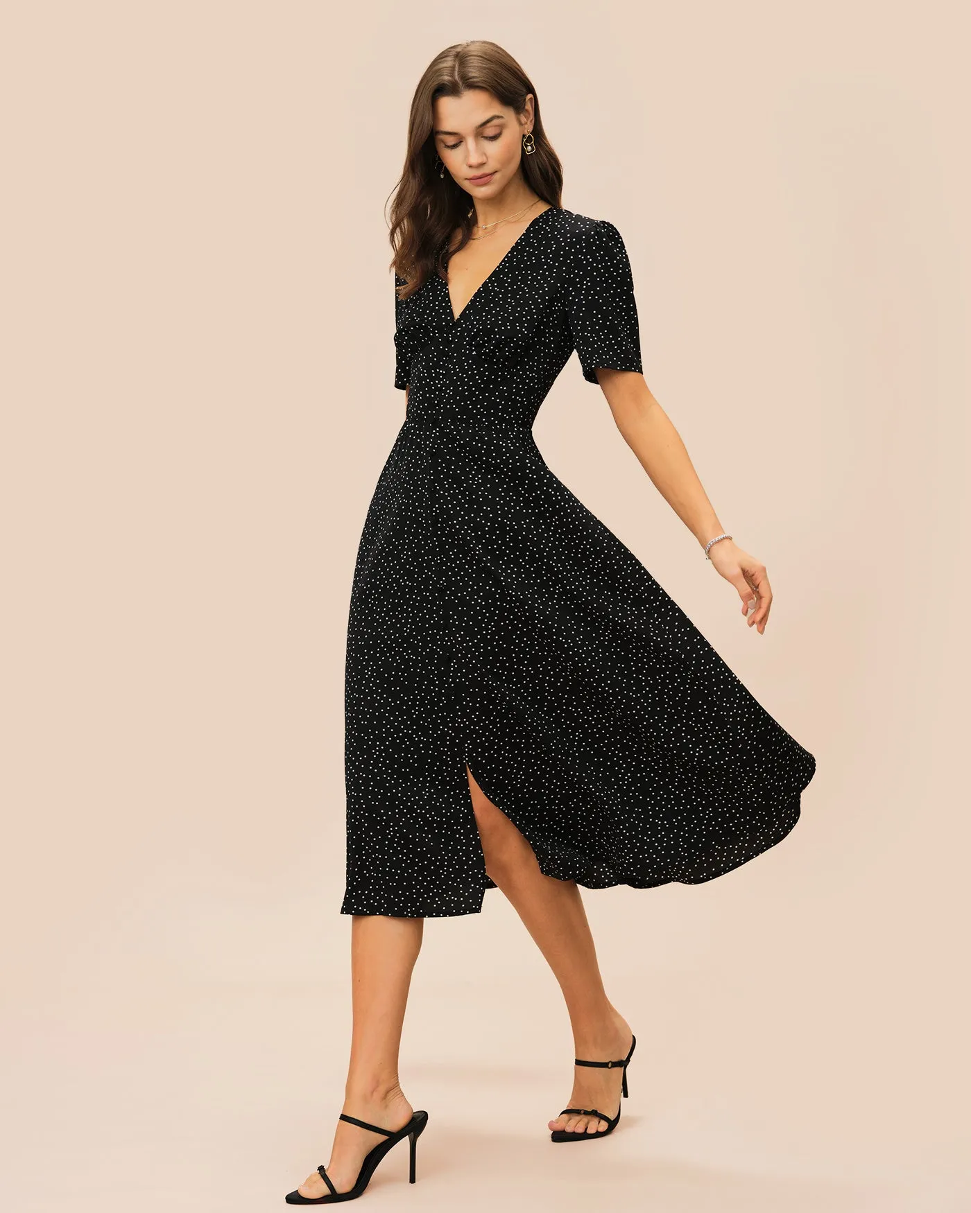 Black V Neck Polka Dot Midi Dress sold by rihoas product image thumbnail 5