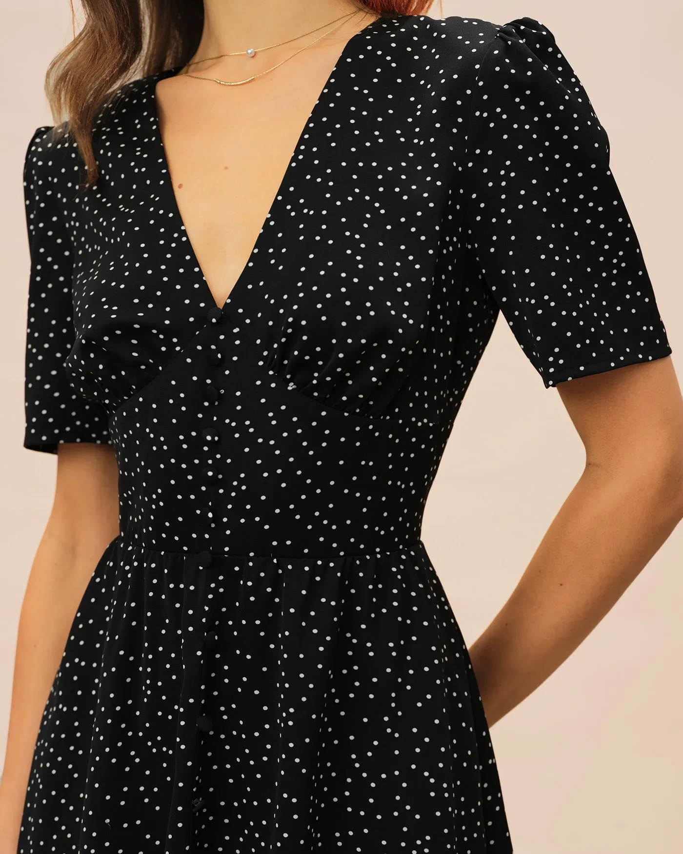 Black V Neck Polka Dot Midi Dress sold by rihoas product image thumbnail 2