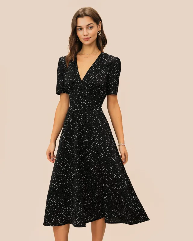 Black V Neck Polka Dot Midi Dress sold by rihoas