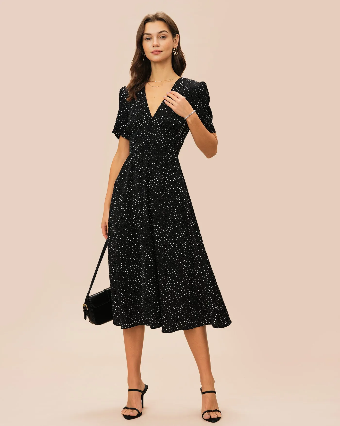 Black V Neck Polka Dot Midi Dress sold by rihoas product image thumbnail 4