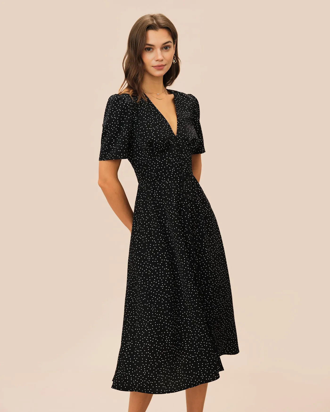 Black V Neck Polka Dot Midi Dress sold by rihoas product image thumbnail 3