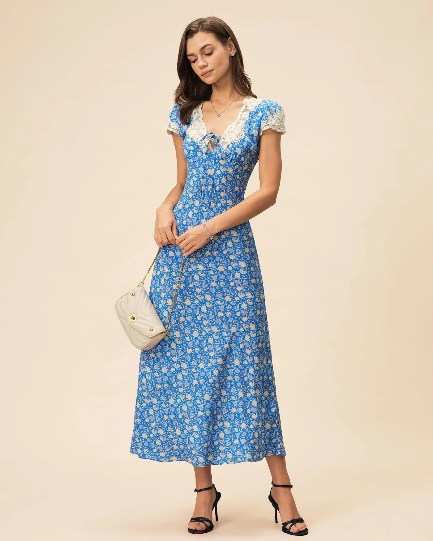 Blue V Neck Floral Maxi Dress sold by rihoas product image thumbnail 4