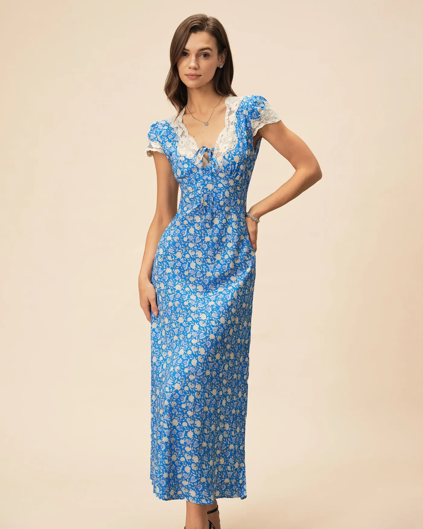 Blue V Neck Floral Maxi Dress sold by rihoas product image thumbnail 3