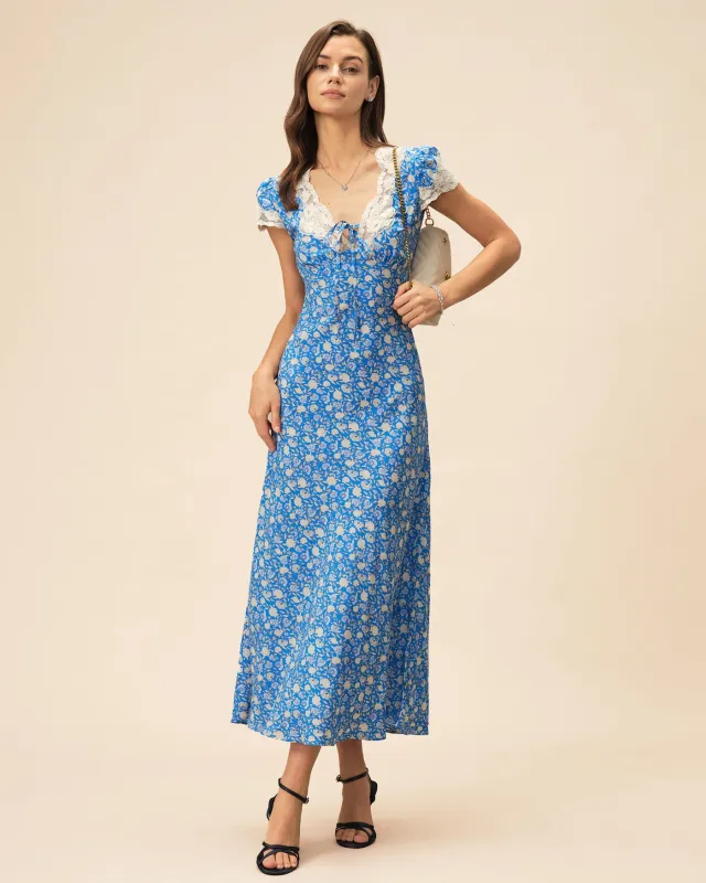 Blue V Neck Floral Maxi Dress sold by rihoas