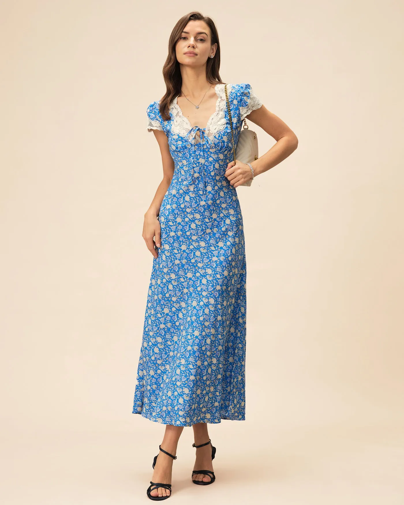 Blue V Neck Floral Maxi Dress sold by rihoas