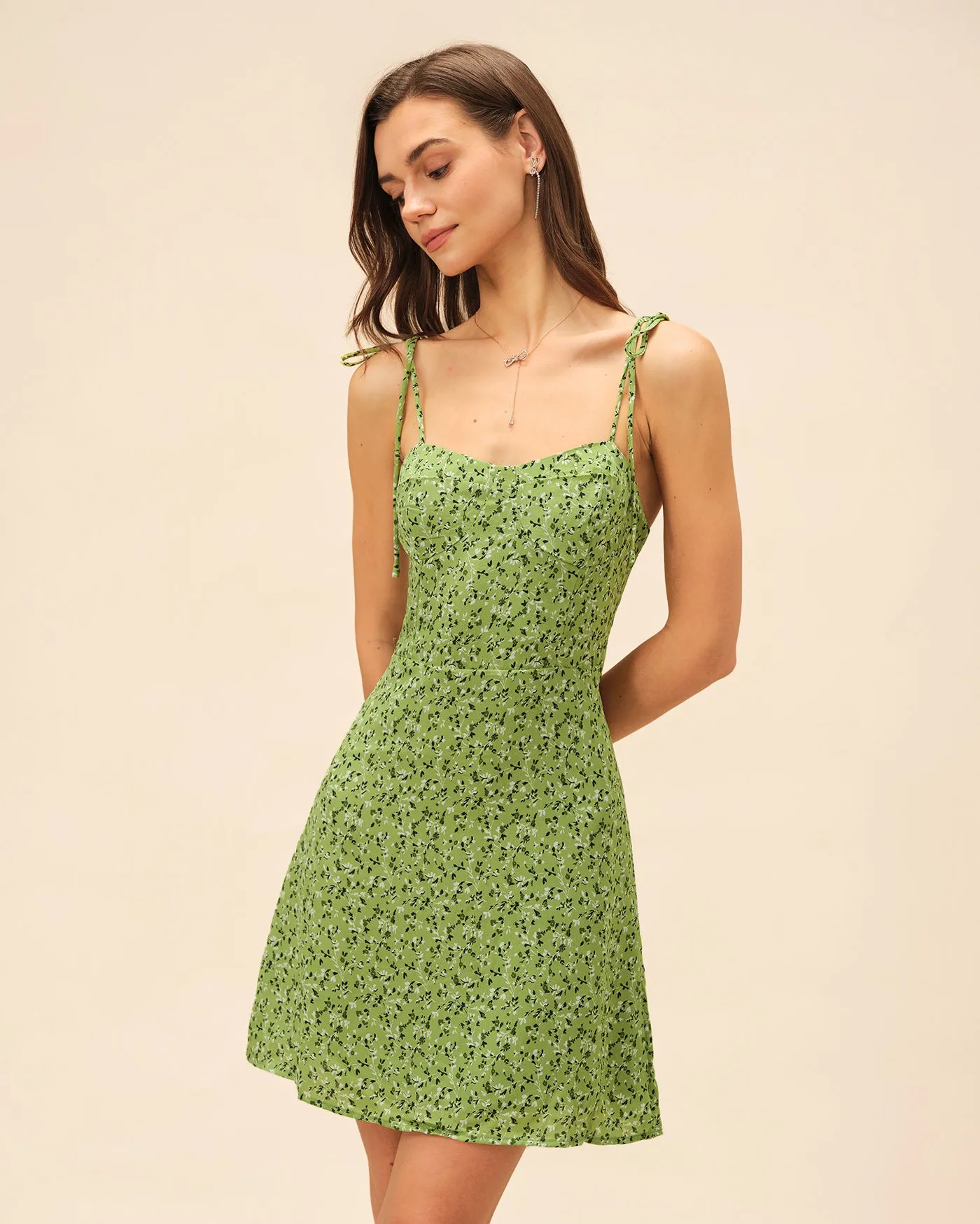 Green Tie Strap Floral Mini Dress sold by rihoas product image thumbnail 3