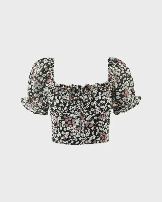 Black Square Neck Floral Tee sold by rihoas