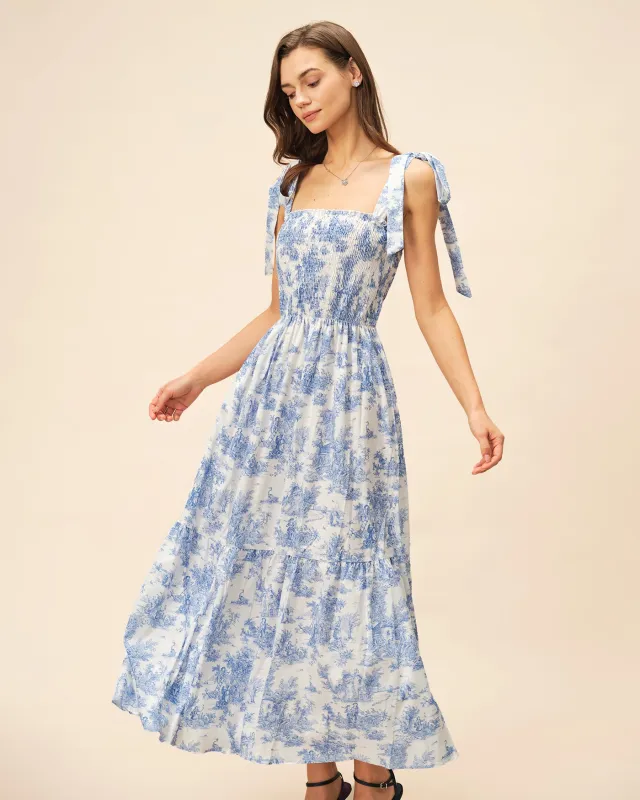 Blue Tie Strap Floral Slip Maxi Dress sold by rihoas