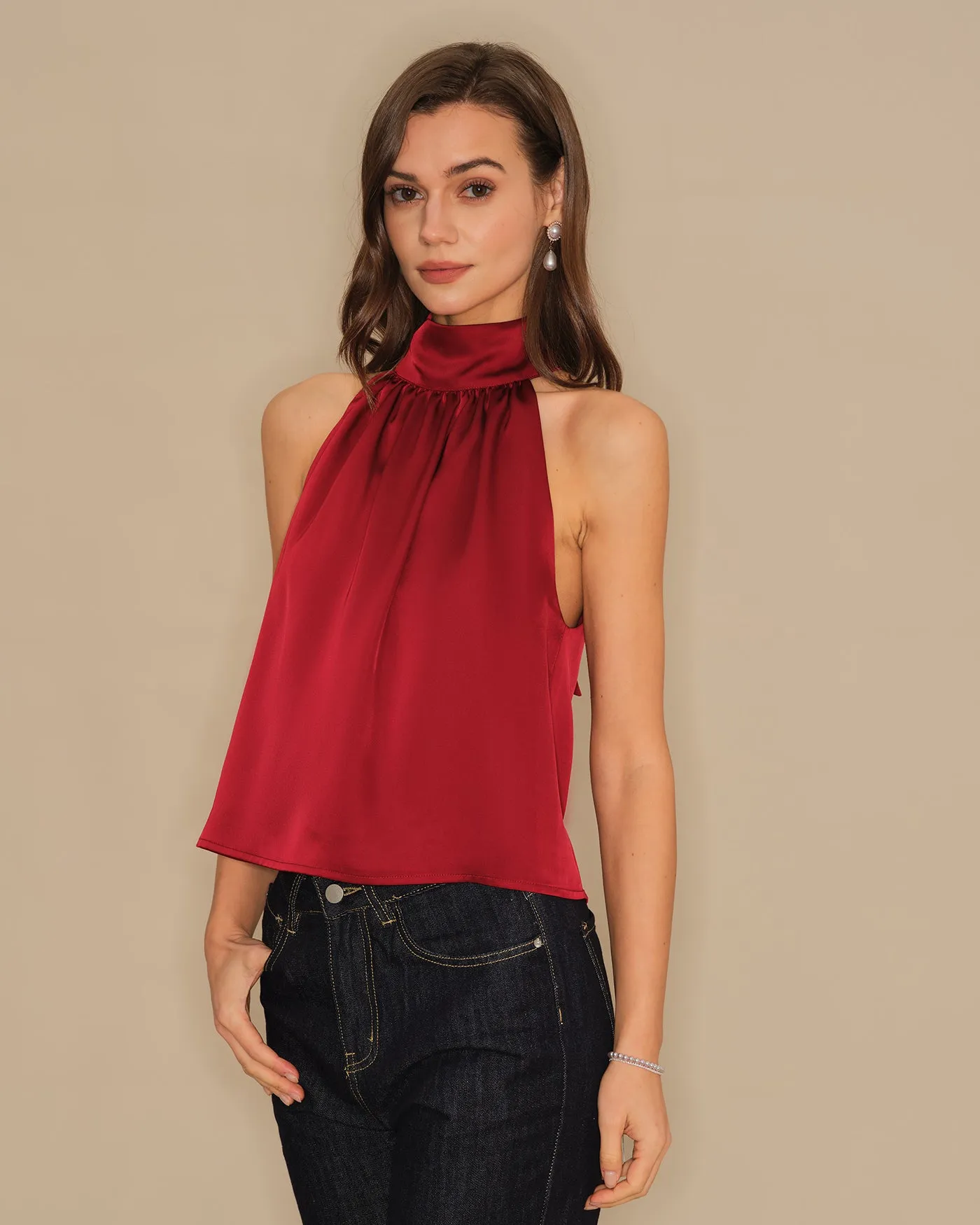 Wine Red Turtle Bowknot Satin Tank Top sold by rihoas product image thumbnail 3