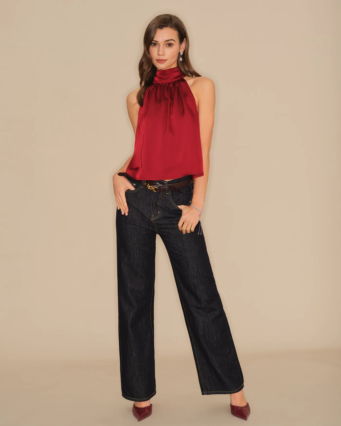 Wine Red Turtle Bowknot Satin Tank Top sold by rihoas product image thumbnail 5