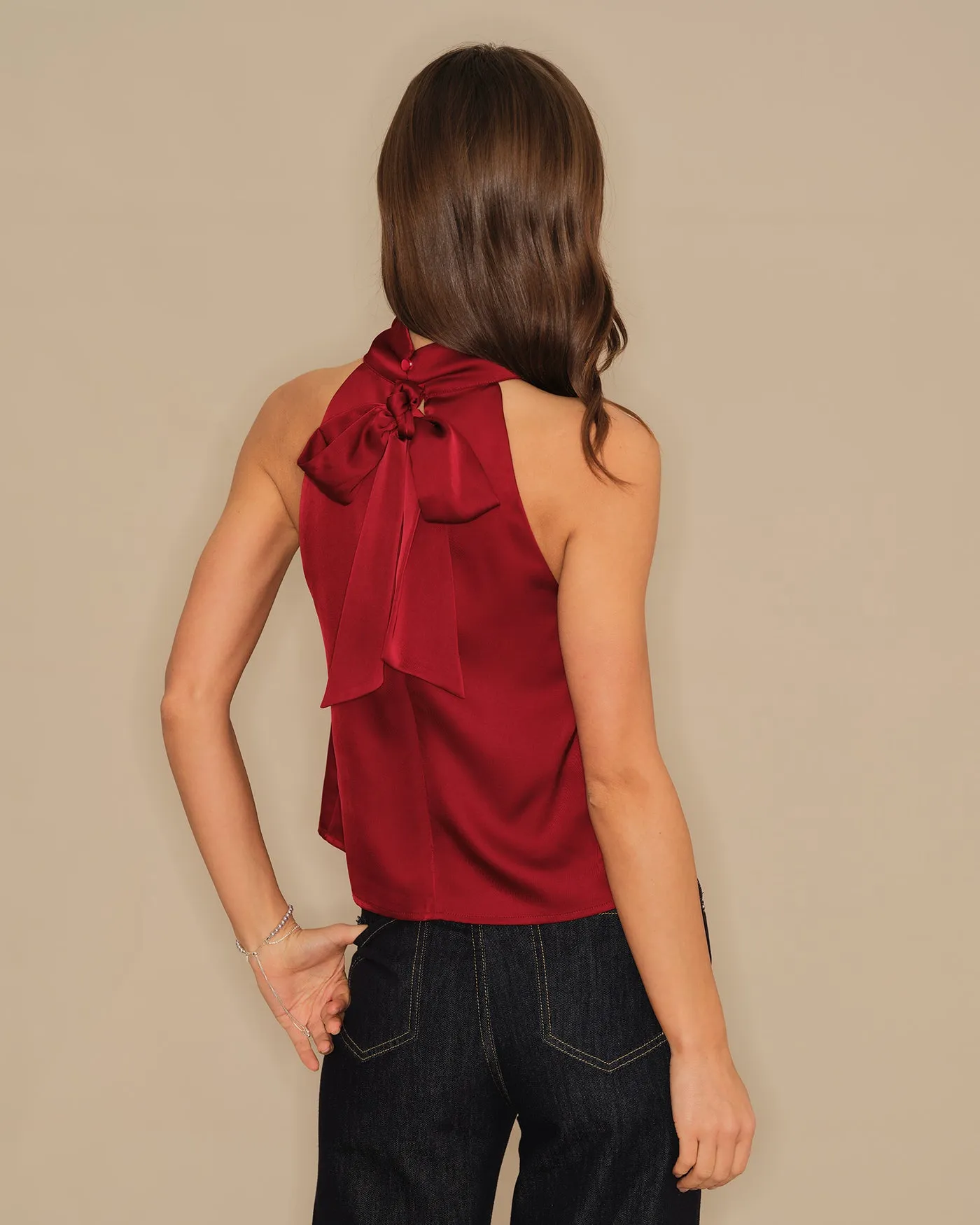Wine Red Turtle Bowknot Satin Tank Top sold by rihoas product image thumbnail 4