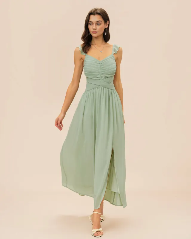 Green V Neck Ruffle Tie Maxi Dress sold by rihoas