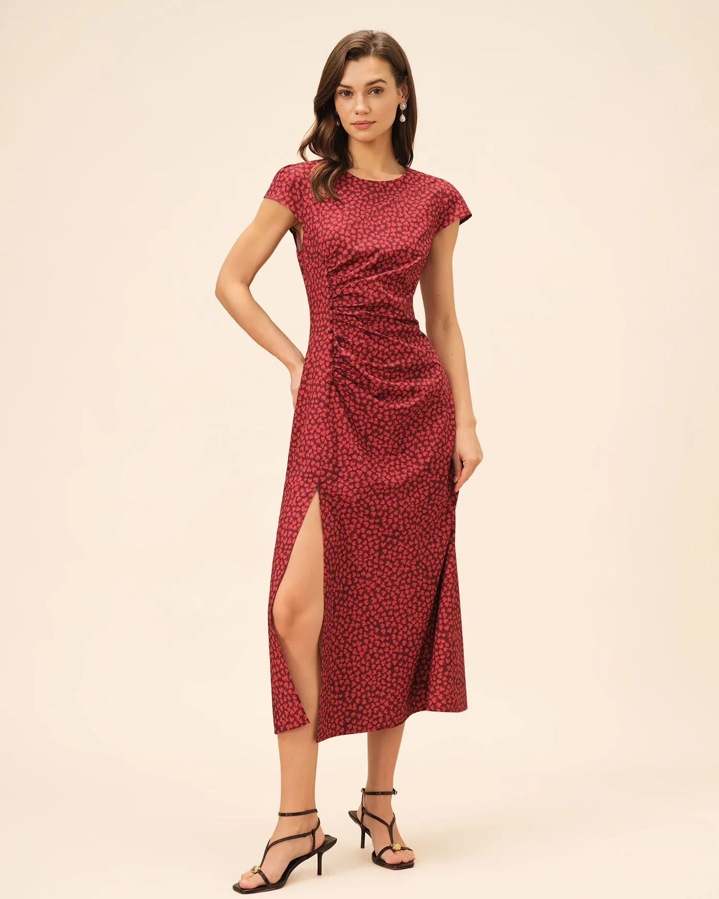 Red Floral Pleated Midi Dress sold by rihoas product image thumbnail 4
