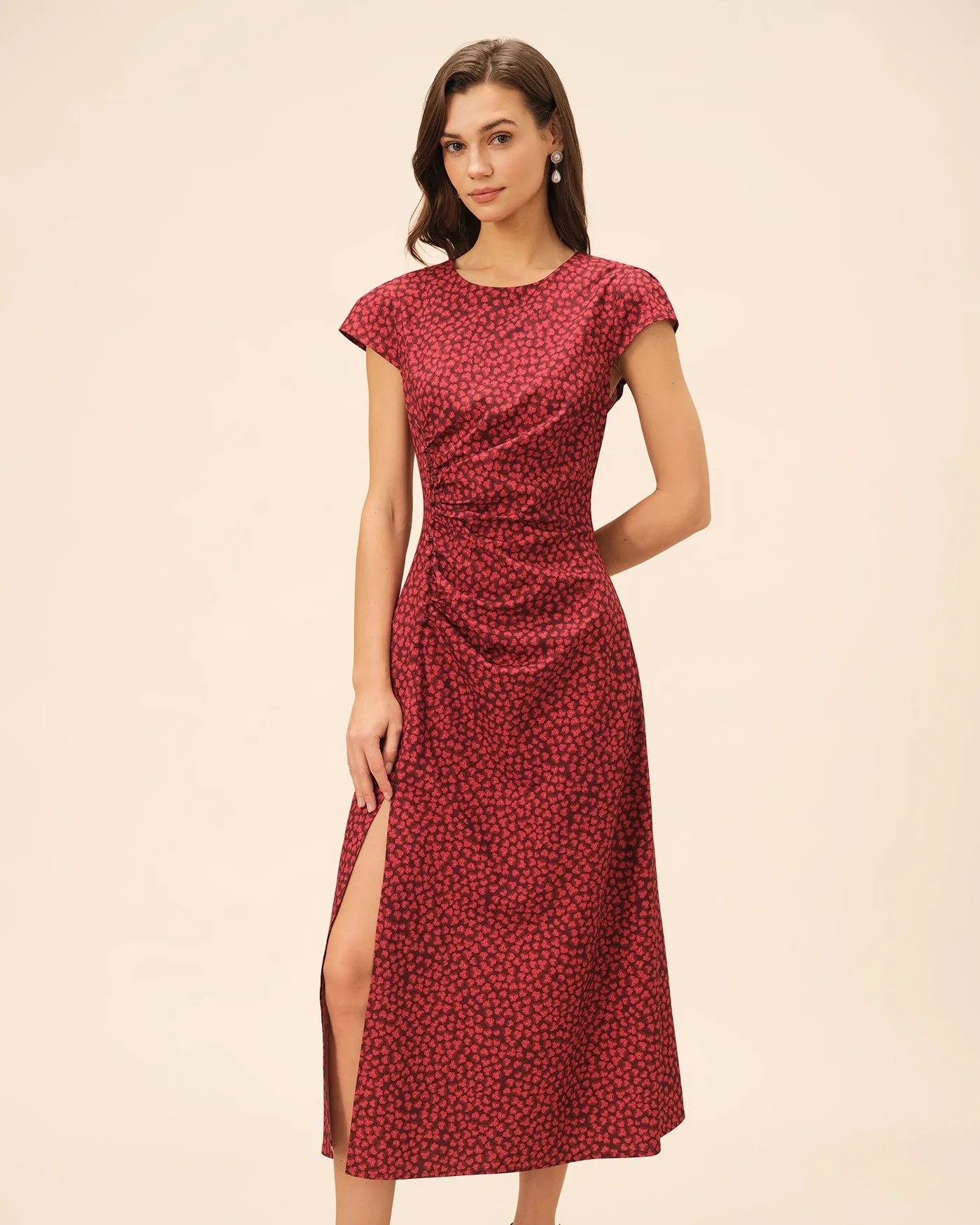 Red Floral Pleated Midi Dress sold by rihoas