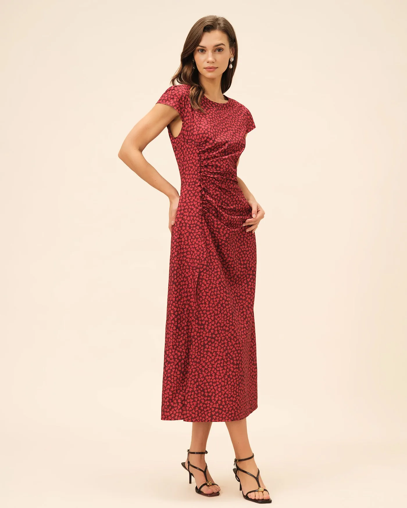 Red Floral Pleated Midi Dress sold by rihoas product image thumbnail 5