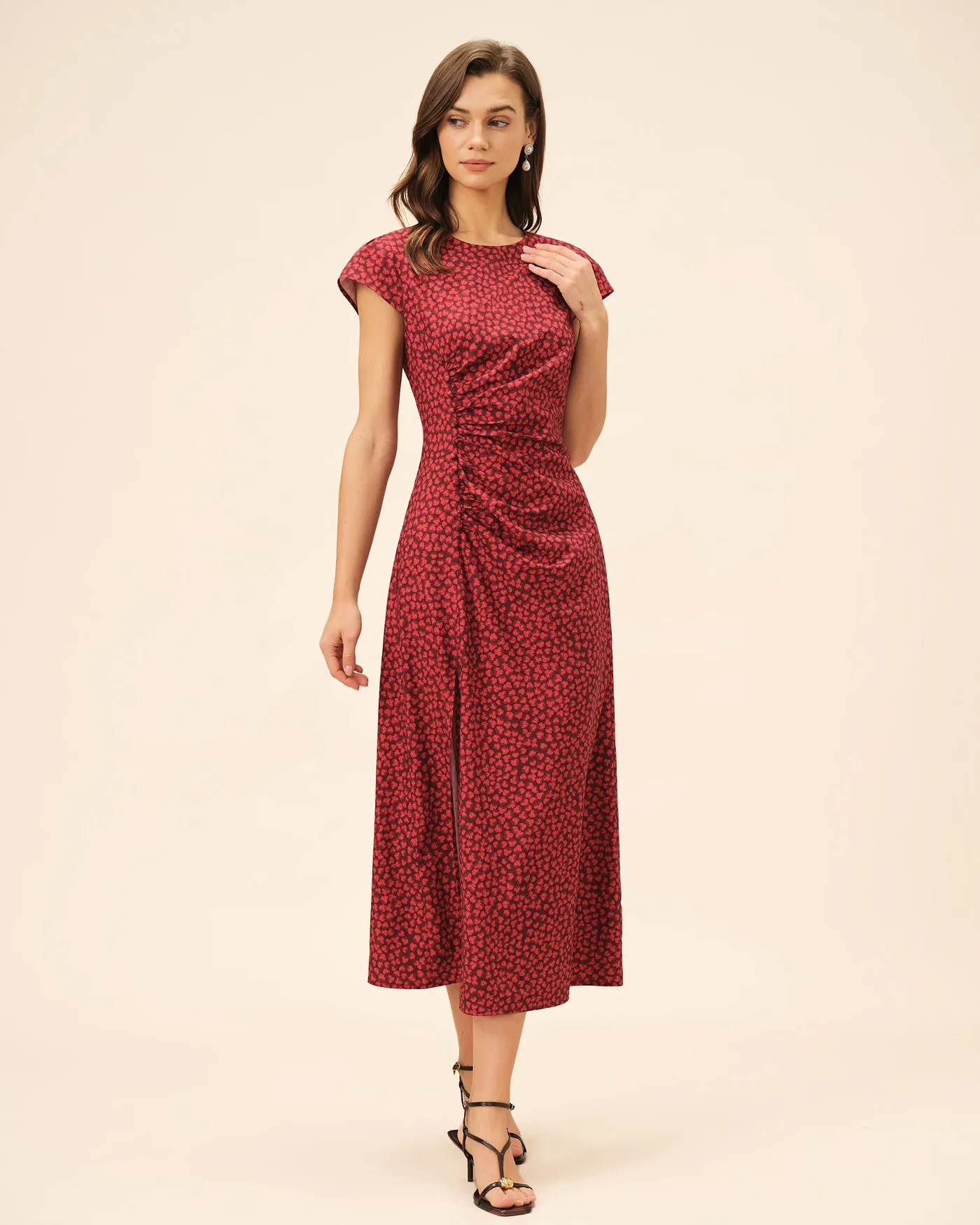 Red Floral Pleated Midi Dress sold by rihoas product image thumbnail 3