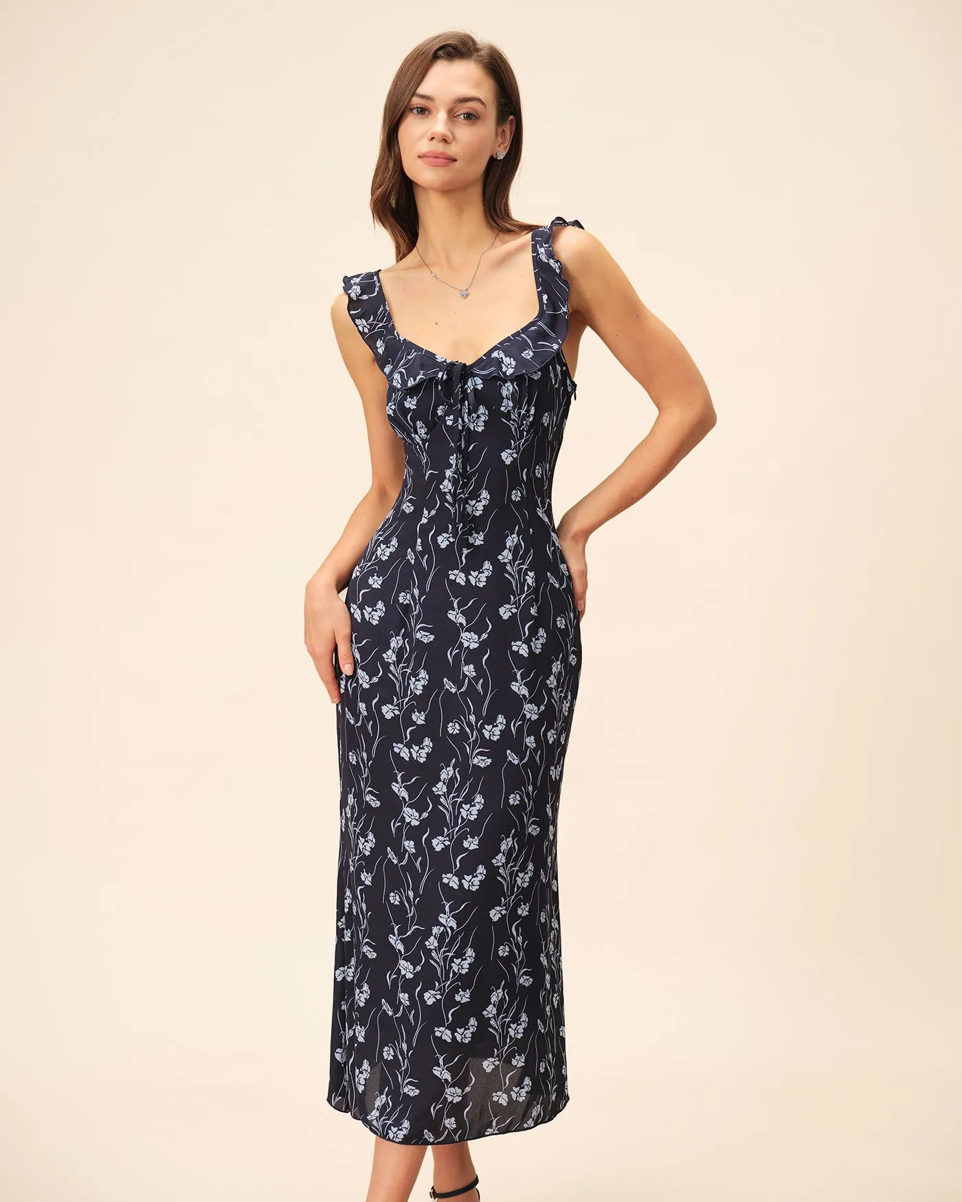 Blue Floral Slip A-Line Midi Dress sold by rihoas