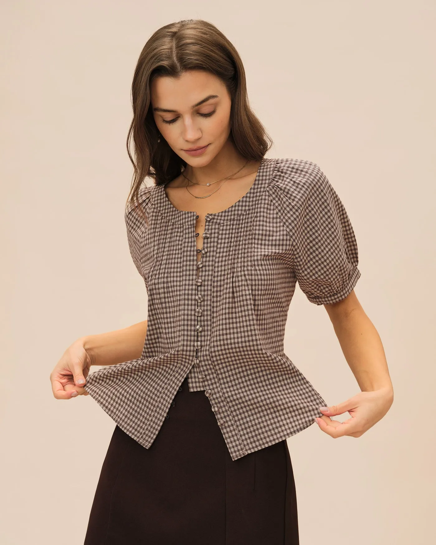 Brown Plaid Raglan Sleeve Blouse sold by rihoas product image thumbnail 2