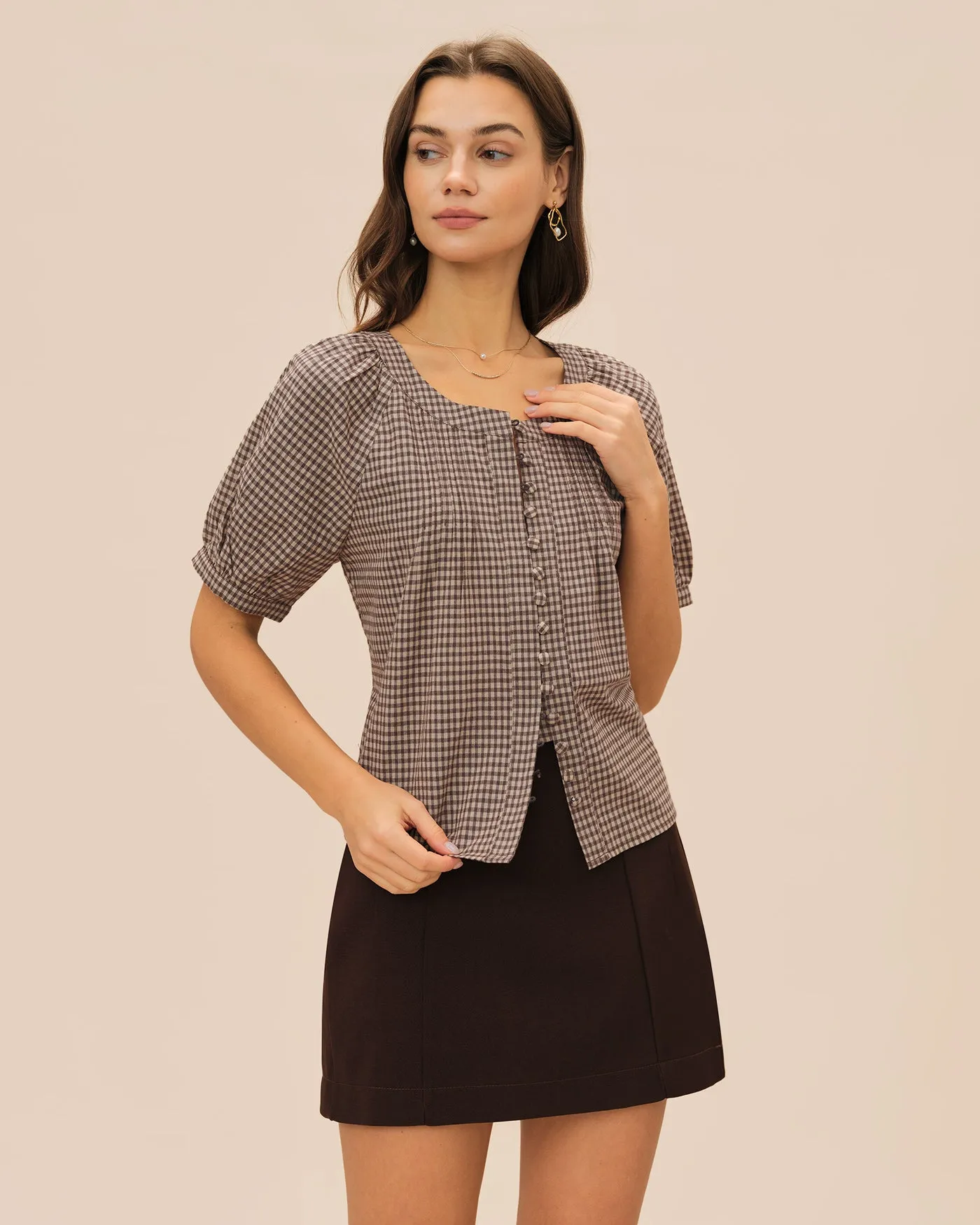 Brown Plaid Raglan Sleeve Blouse sold by rihoas product image thumbnail 3