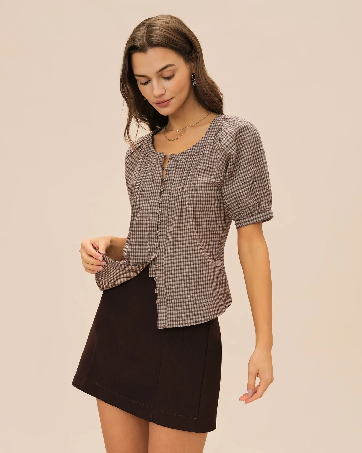 Brown Plaid Raglan Sleeve Blouse sold by rihoas product image thumbnail 4