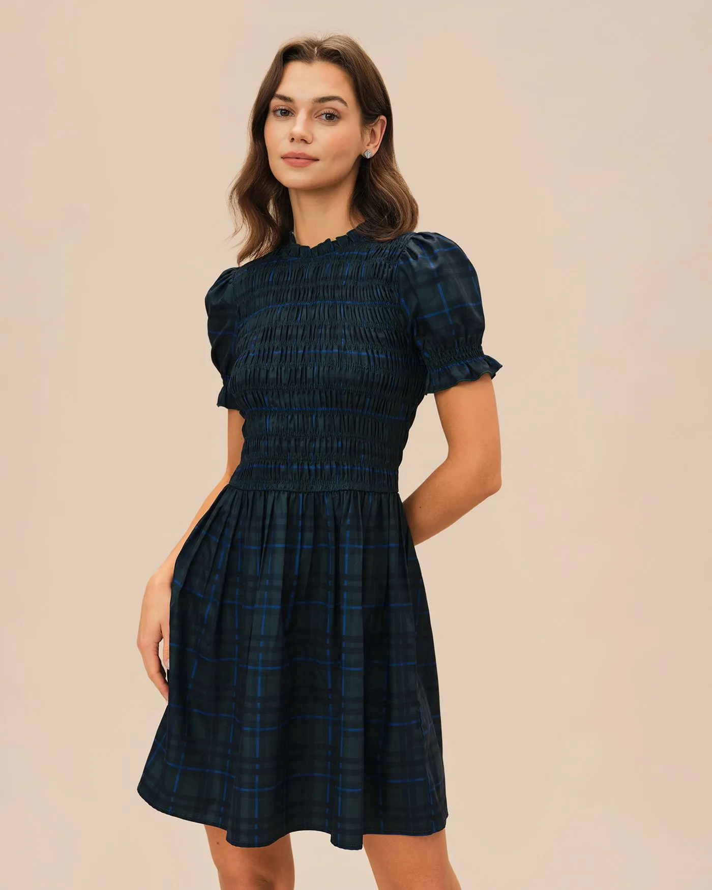Green Plaid Puffed Sleeve Mini Dress sold by rihoas