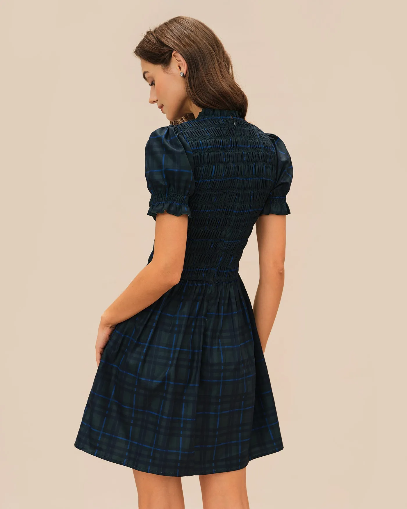 Green Plaid Puffed Sleeve Mini Dress sold by rihoas product image thumbnail 3