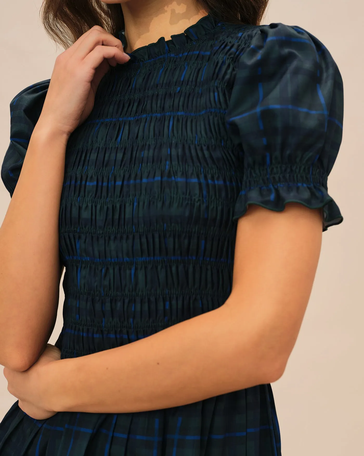 Green Plaid Puffed Sleeve Mini Dress sold by rihoas product image thumbnail 2