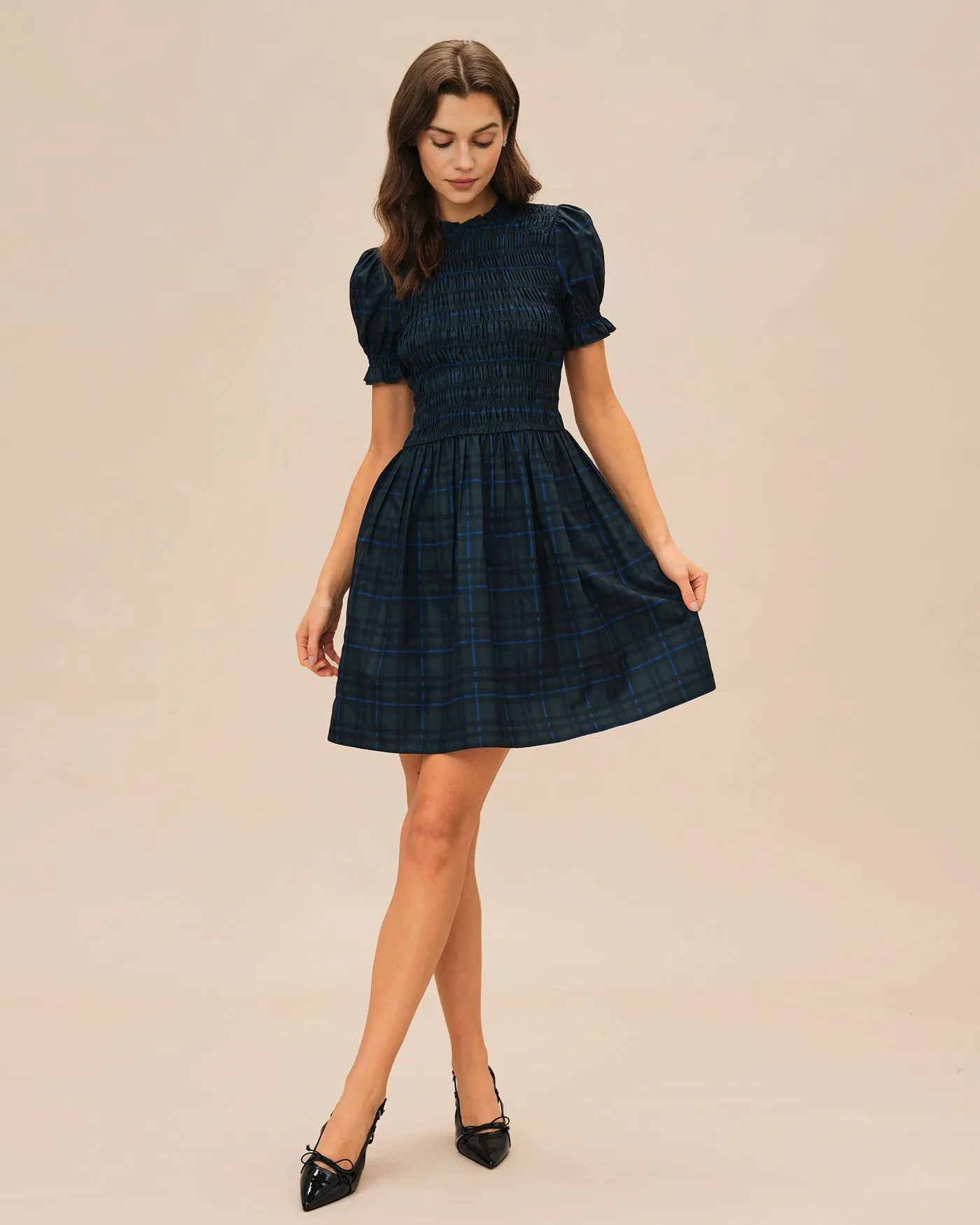 Green Plaid Puffed Sleeve Mini Dress sold by rihoas product image thumbnail 4