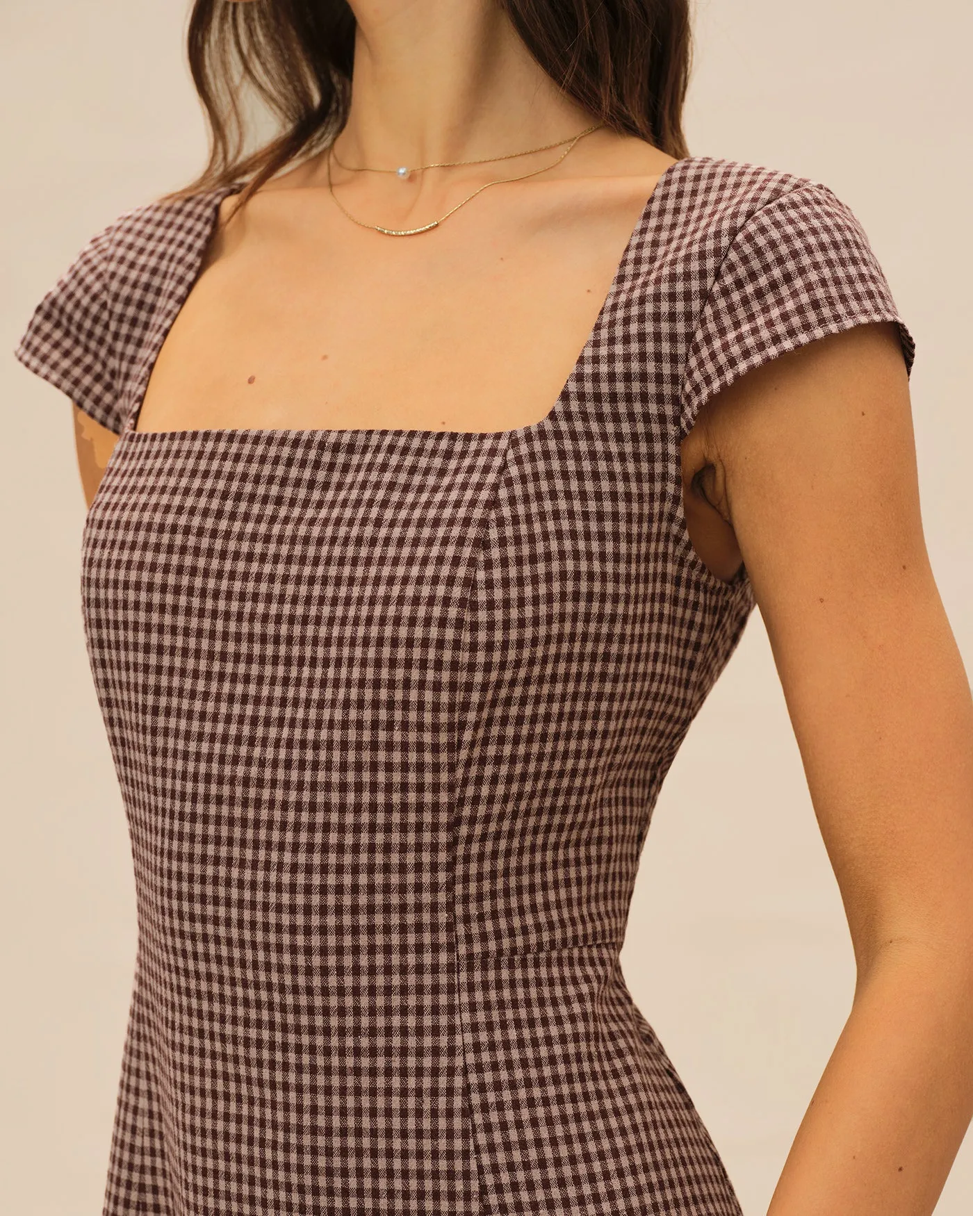 Brown Square Neck Plaid Mini Dress sold by rihoas product image thumbnail 2