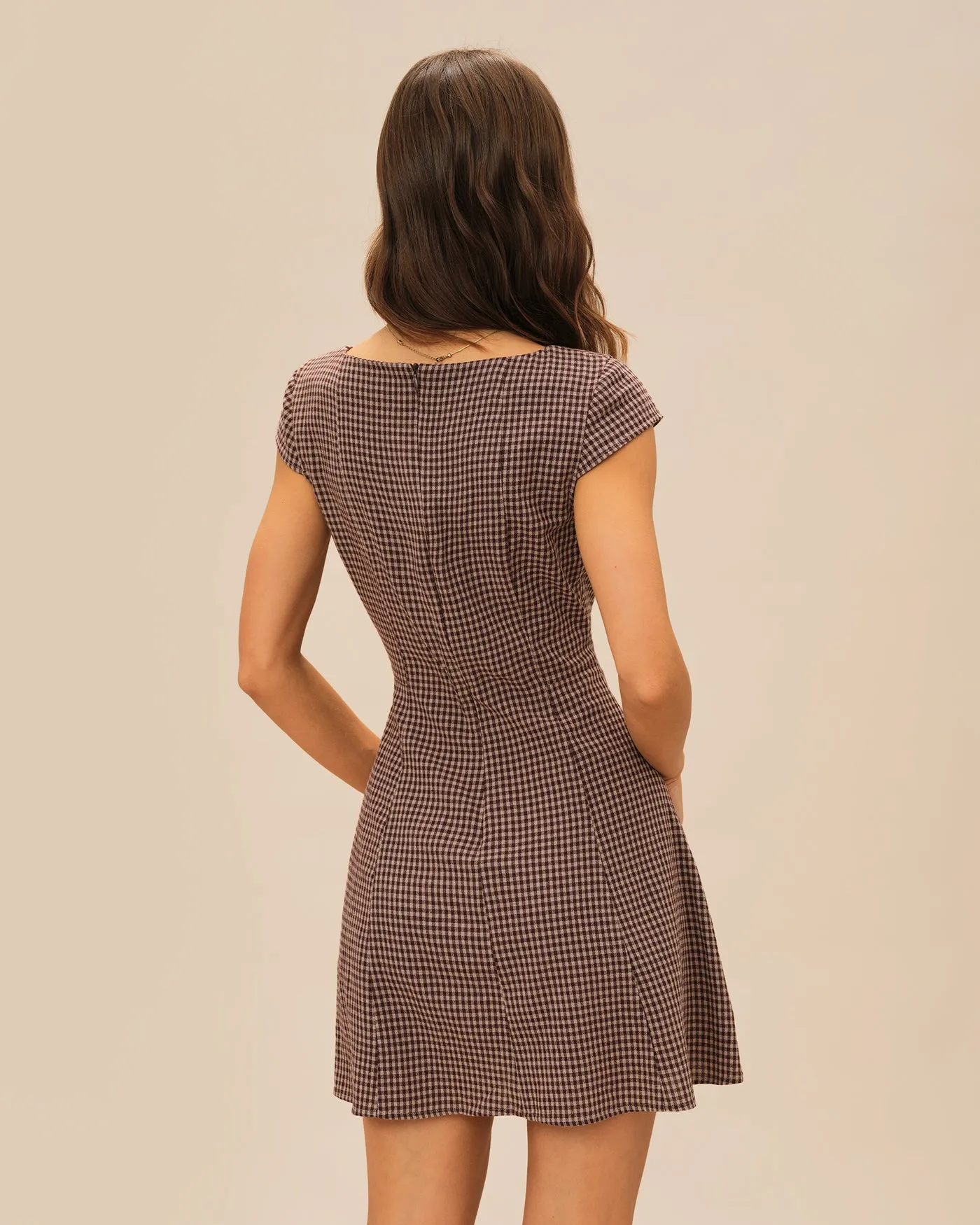 Brown Square Neck Plaid Mini Dress sold by rihoas product image thumbnail 4