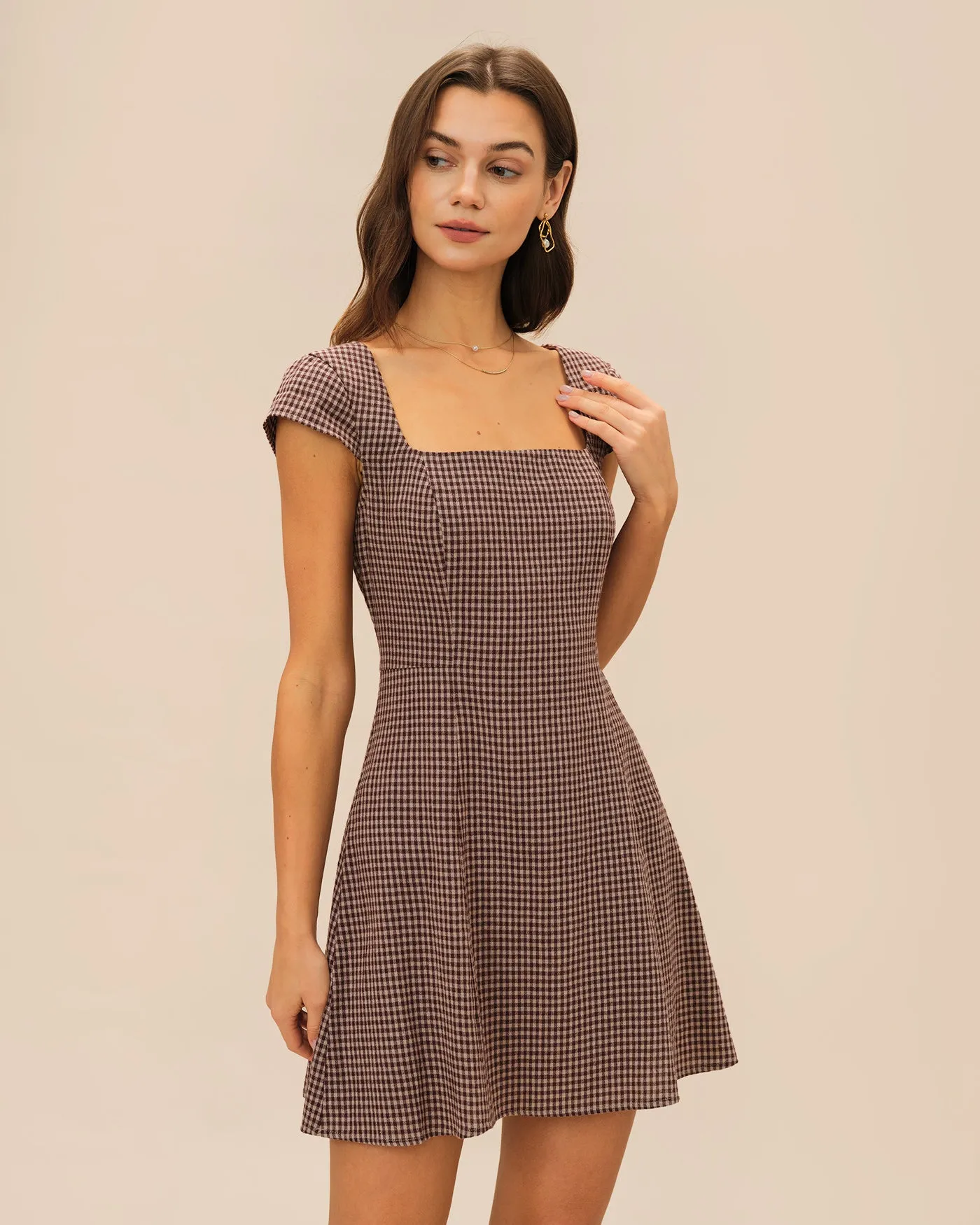 Brown Square Neck Plaid Mini Dress sold by rihoas product image thumbnail 3