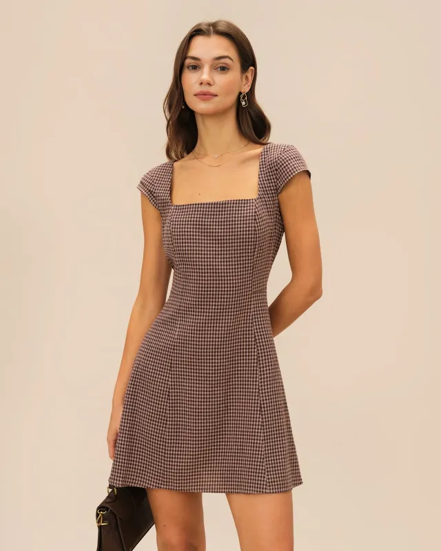 Brown Square Neck Plaid Mini Dress sold by rihoas