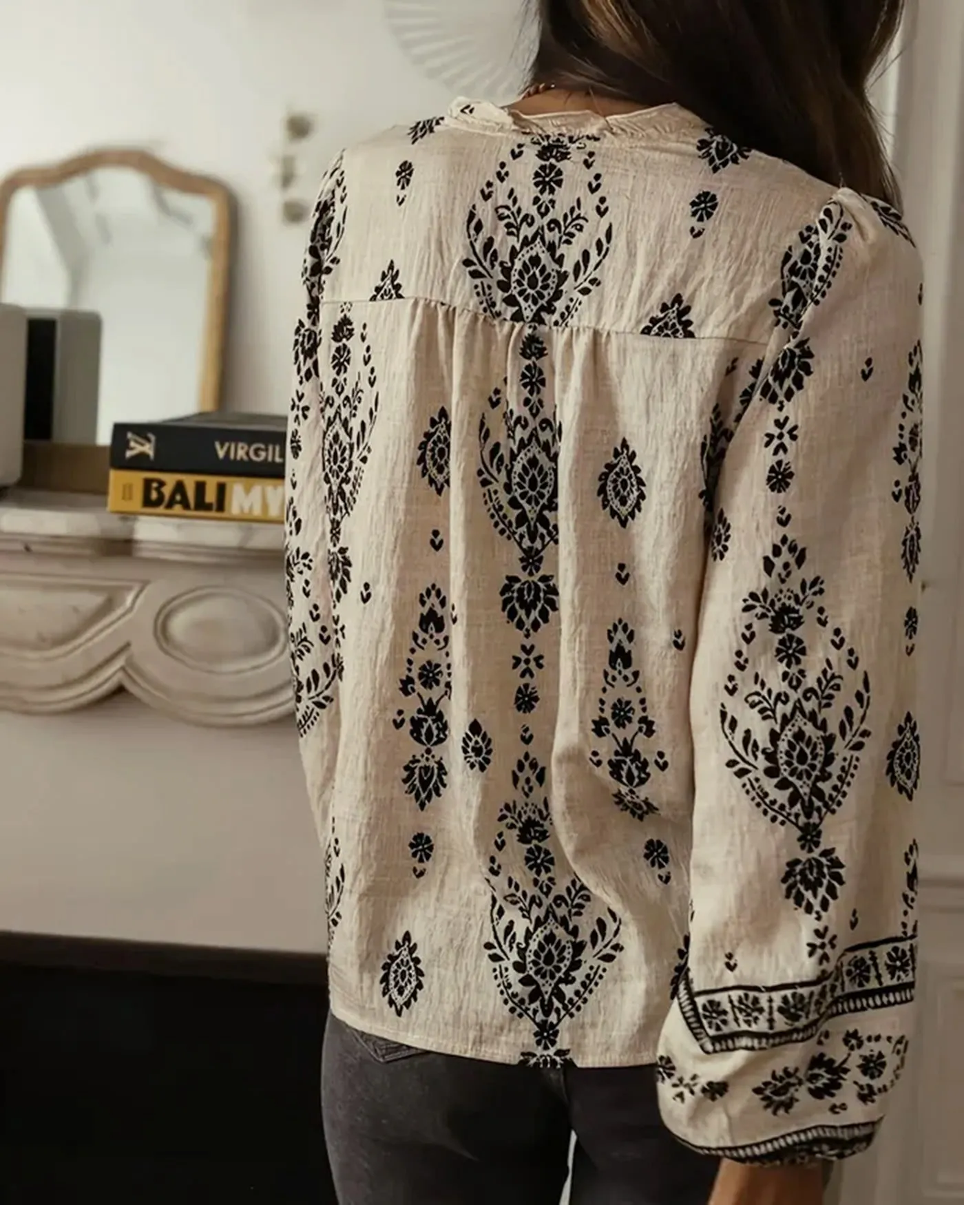 Apricot Floral Ruffled Bishop Sleeve Shirt sold by rihoas product image thumbnail 5