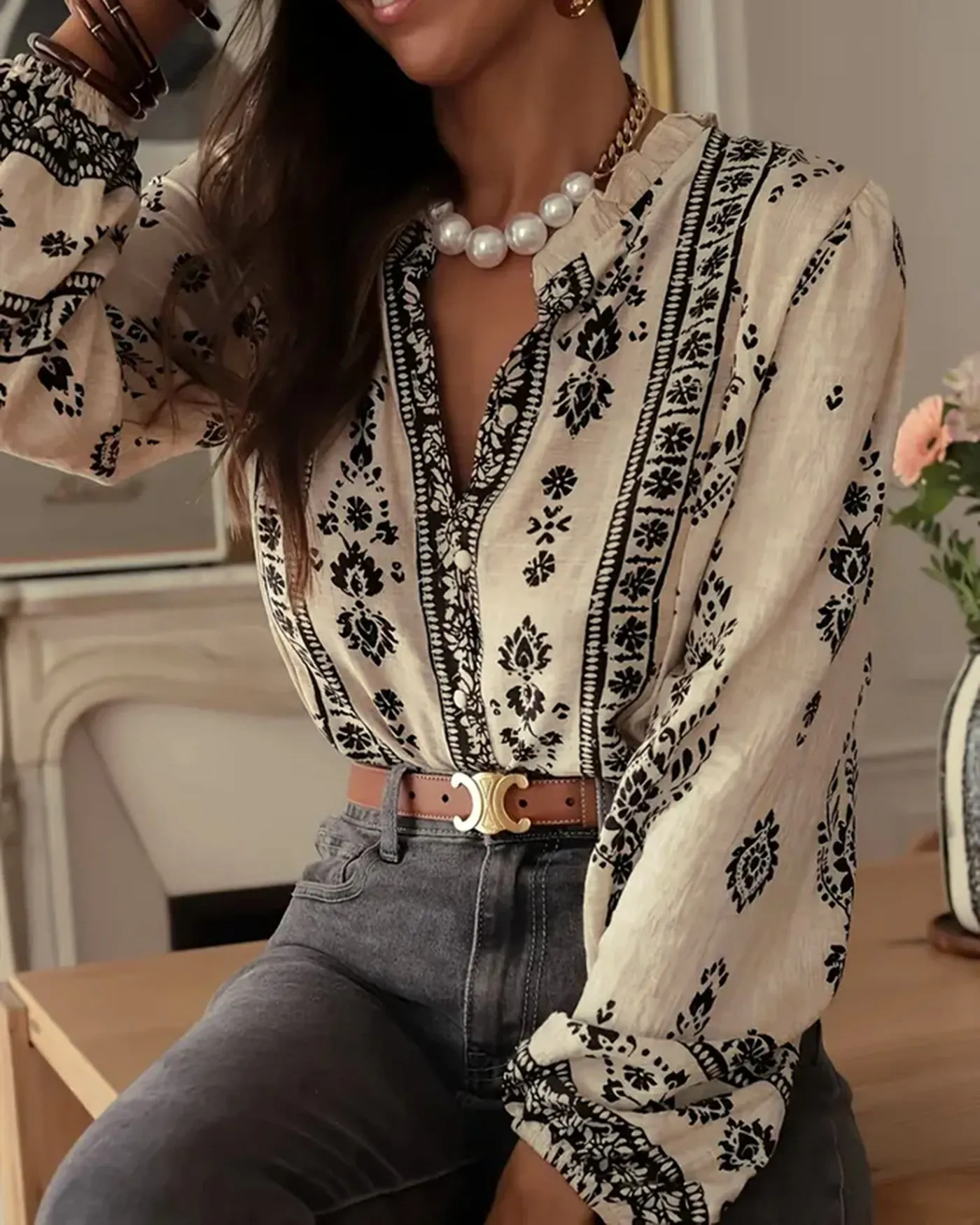 Apricot Floral Ruffled Bishop Sleeve Shirt sold by rihoas product image thumbnail 4