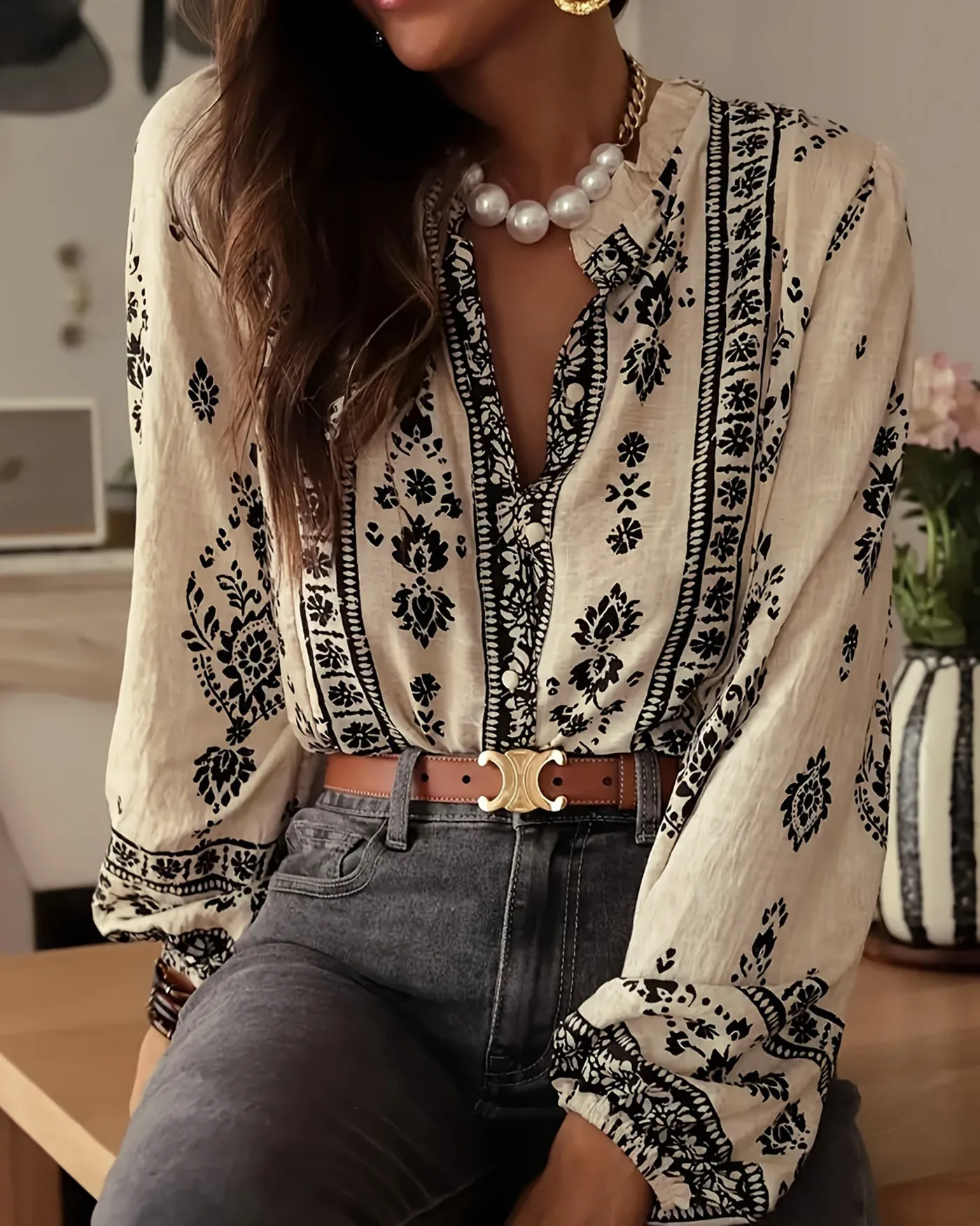 Apricot Floral Ruffled Bishop Sleeve Shirt sold by rihoas