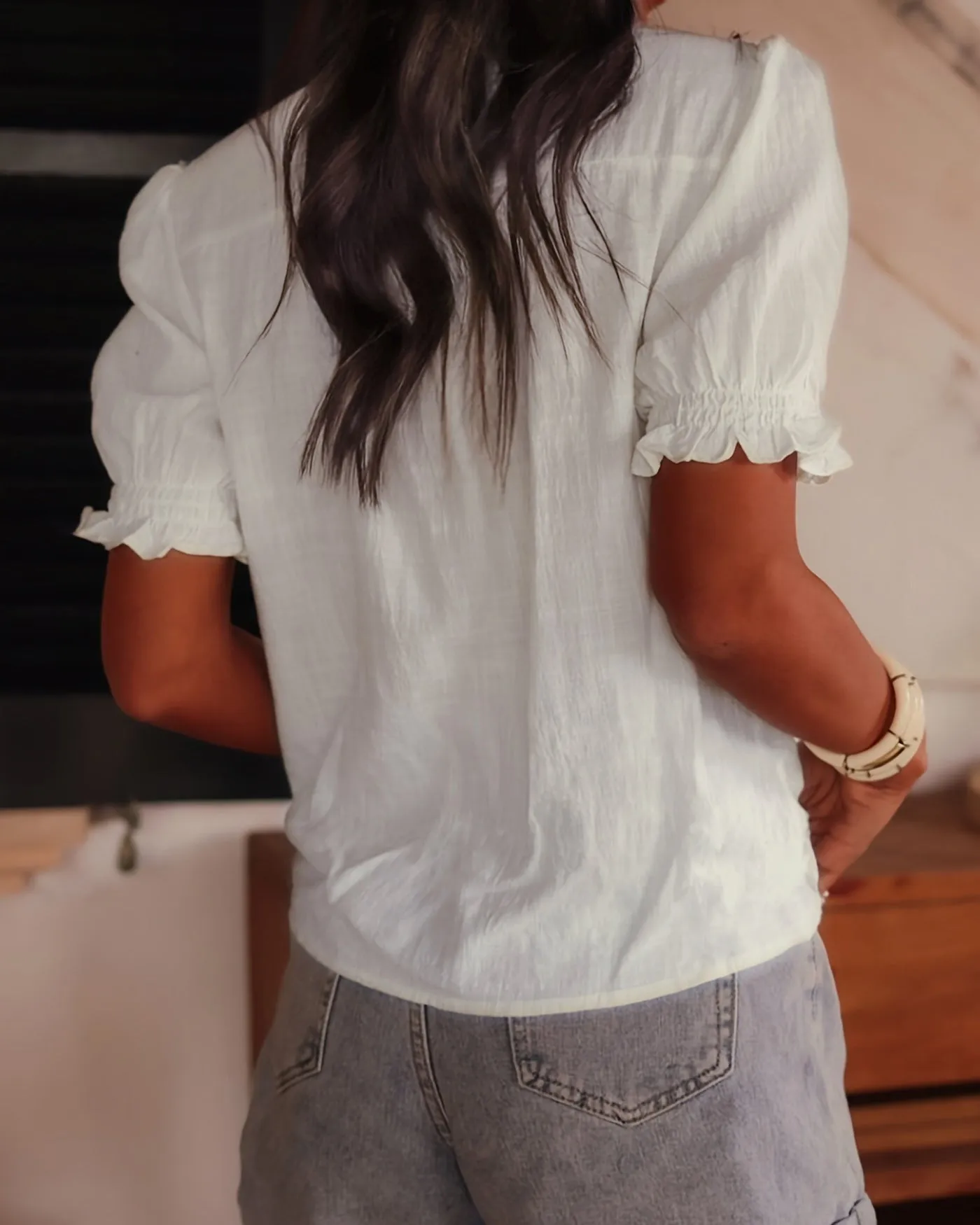 White Button Puffed Sleeve Tee sold by rihoas product image thumbnail 3