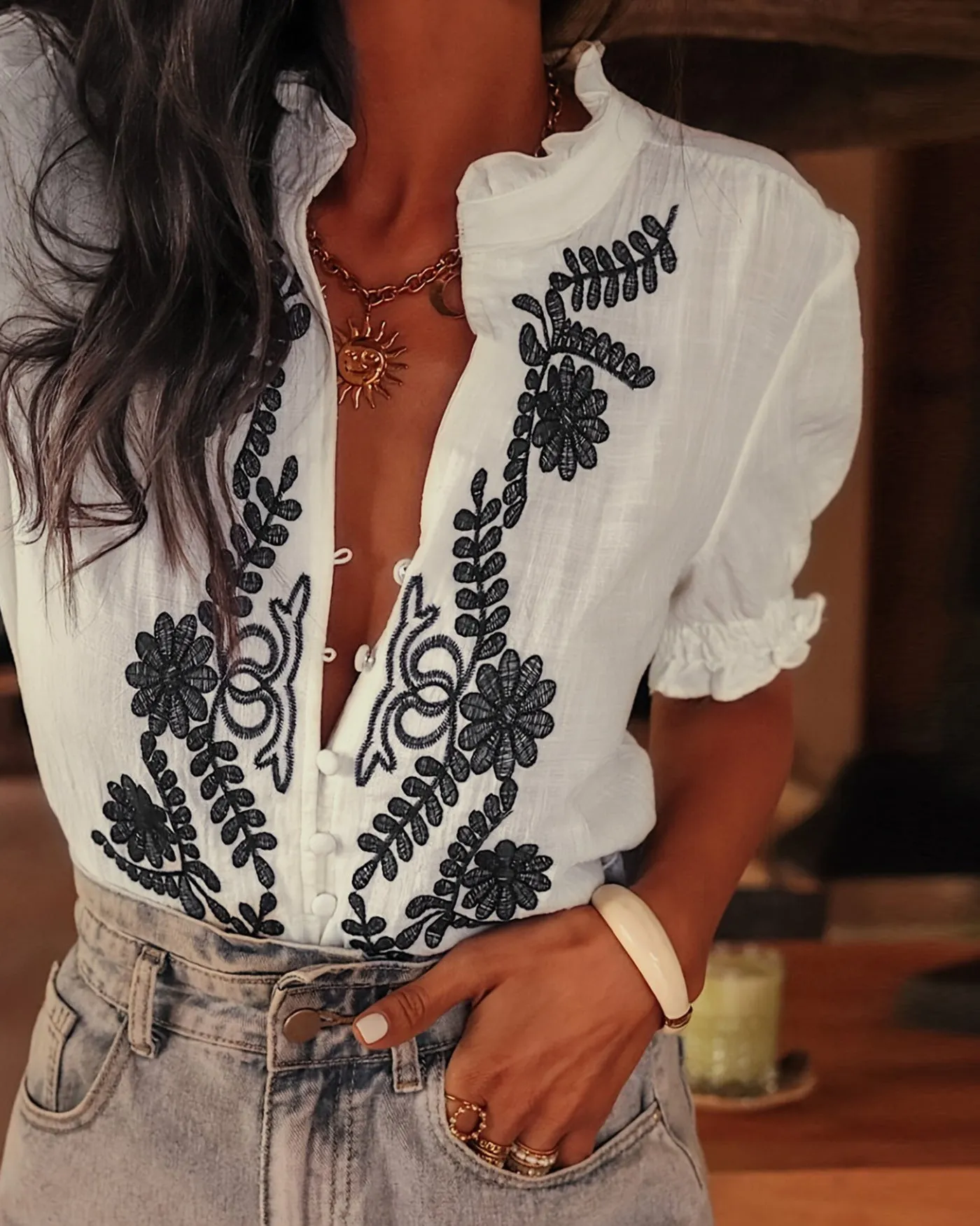 White Button Puffed Sleeve Tee sold by rihoas