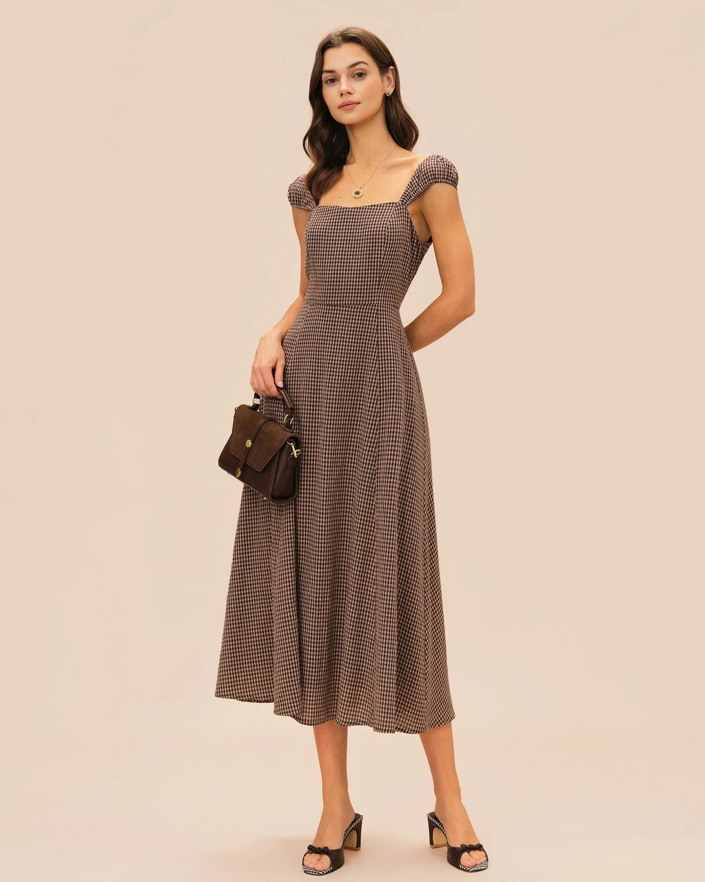 Brown Plaid Sweetheart Neck Midi Dress sold by rihoas product image thumbnail 5