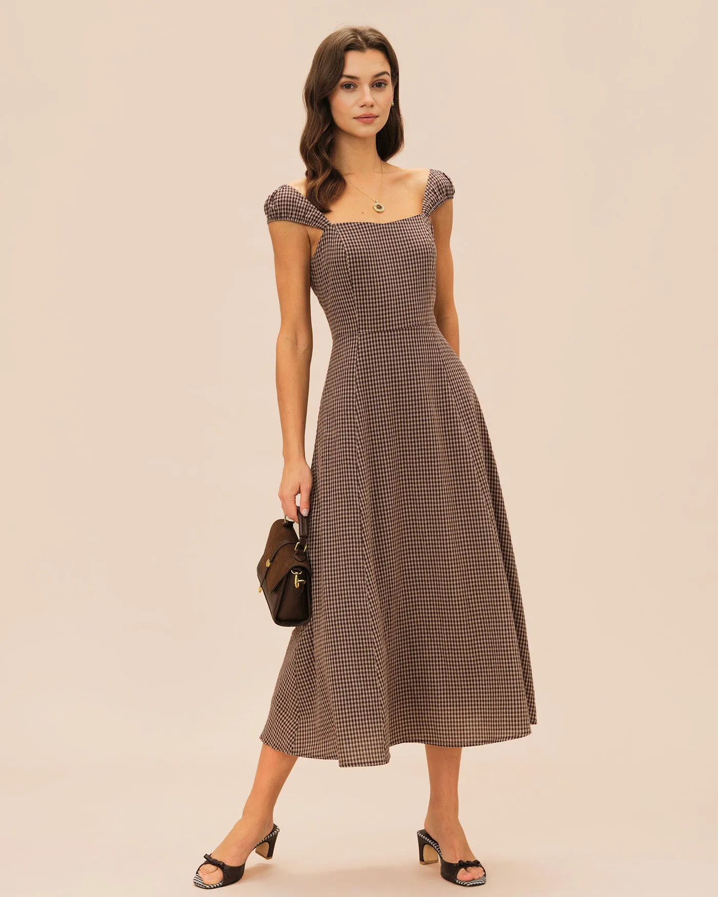 Brown Plaid Sweetheart Neck Midi Dress sold by rihoas