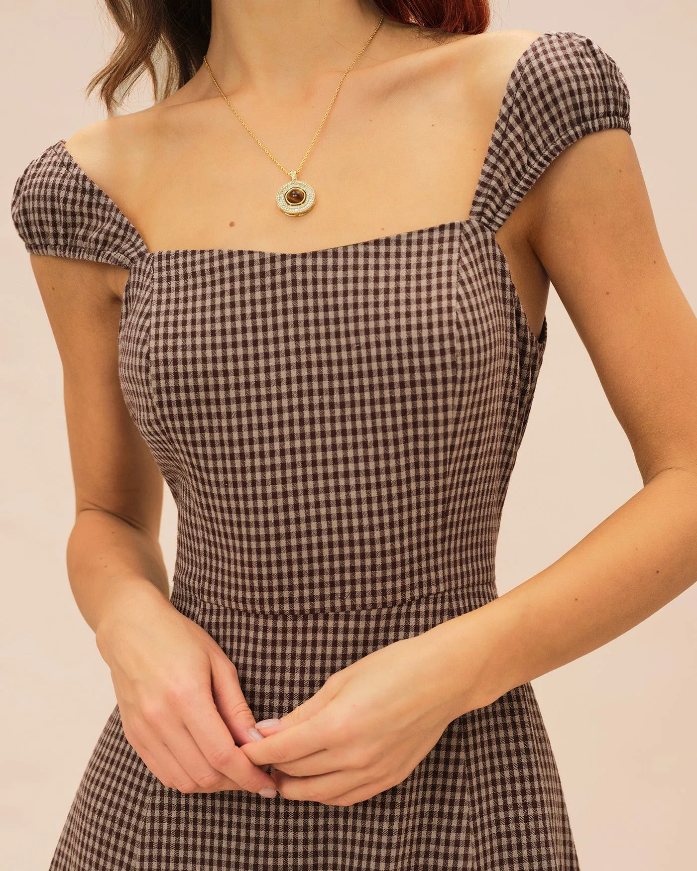 Brown Plaid Sweetheart Neck Midi Dress sold by rihoas product image thumbnail 2