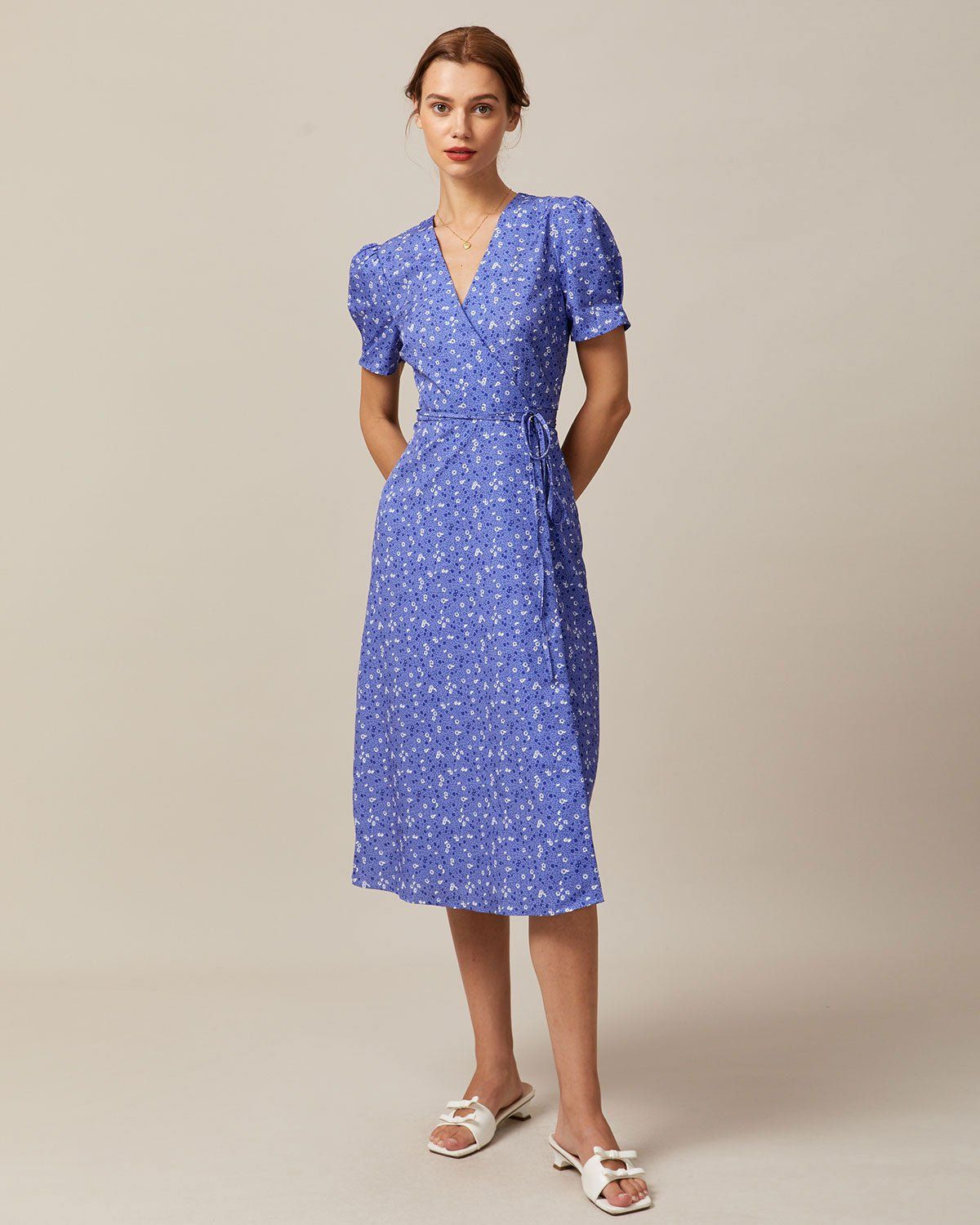 The Purple V Neck Floral Wrap Midi Dress sold by rihoas product image thumbnail 2