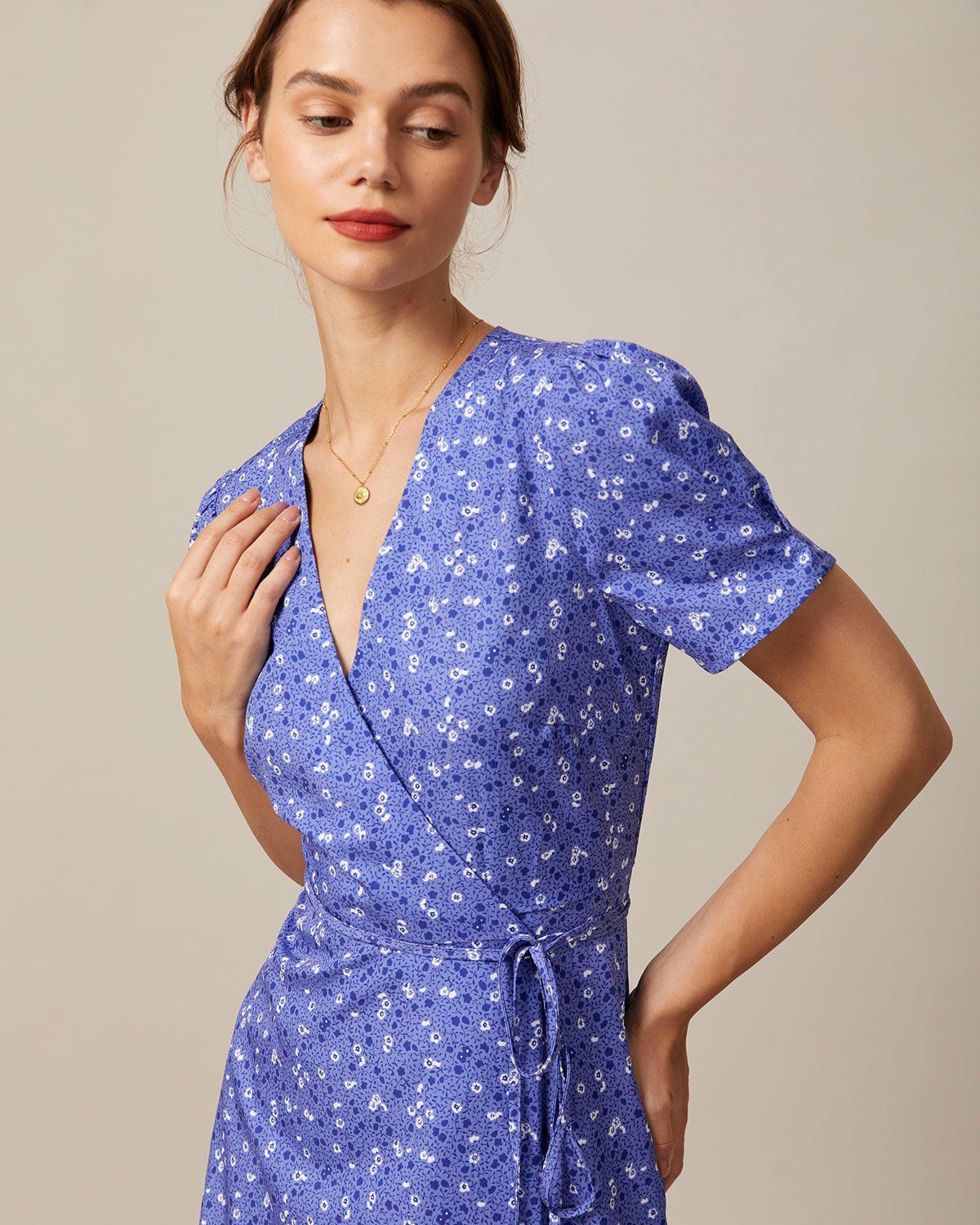 The Purple V Neck Floral Wrap Midi Dress sold by rihoas product image thumbnail 4