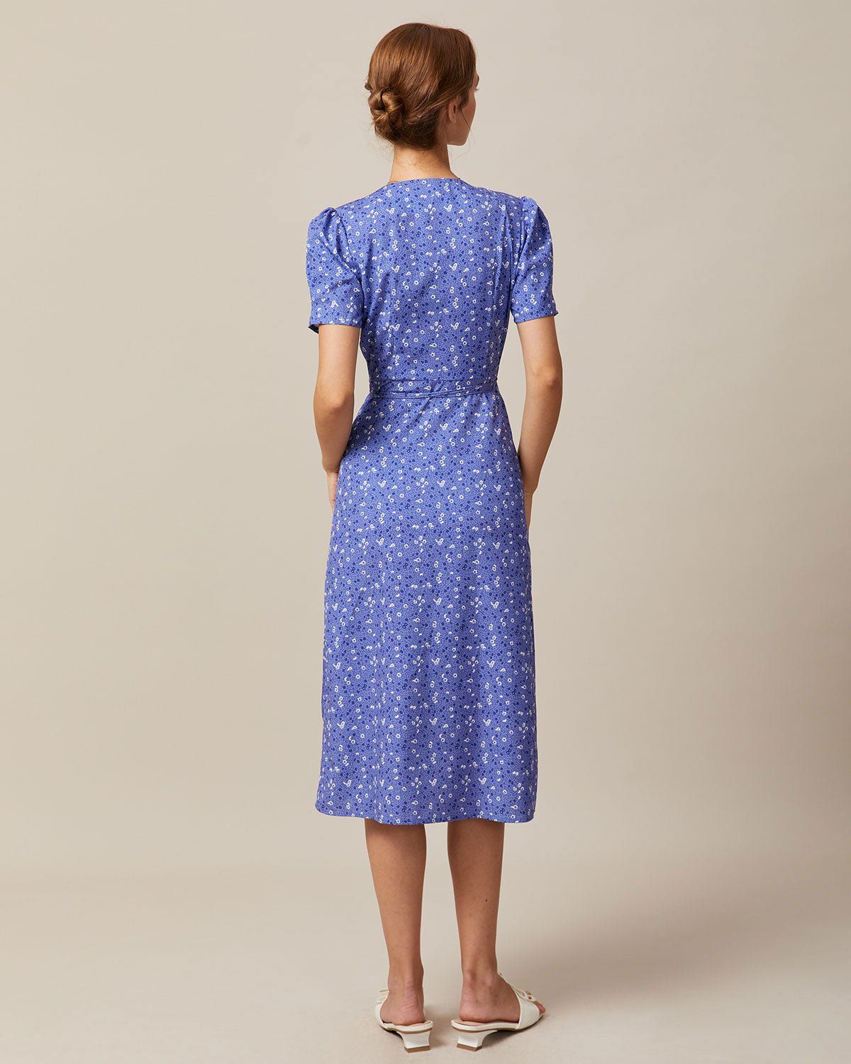 The Purple V Neck Floral Wrap Midi Dress sold by rihoas product image thumbnail 5