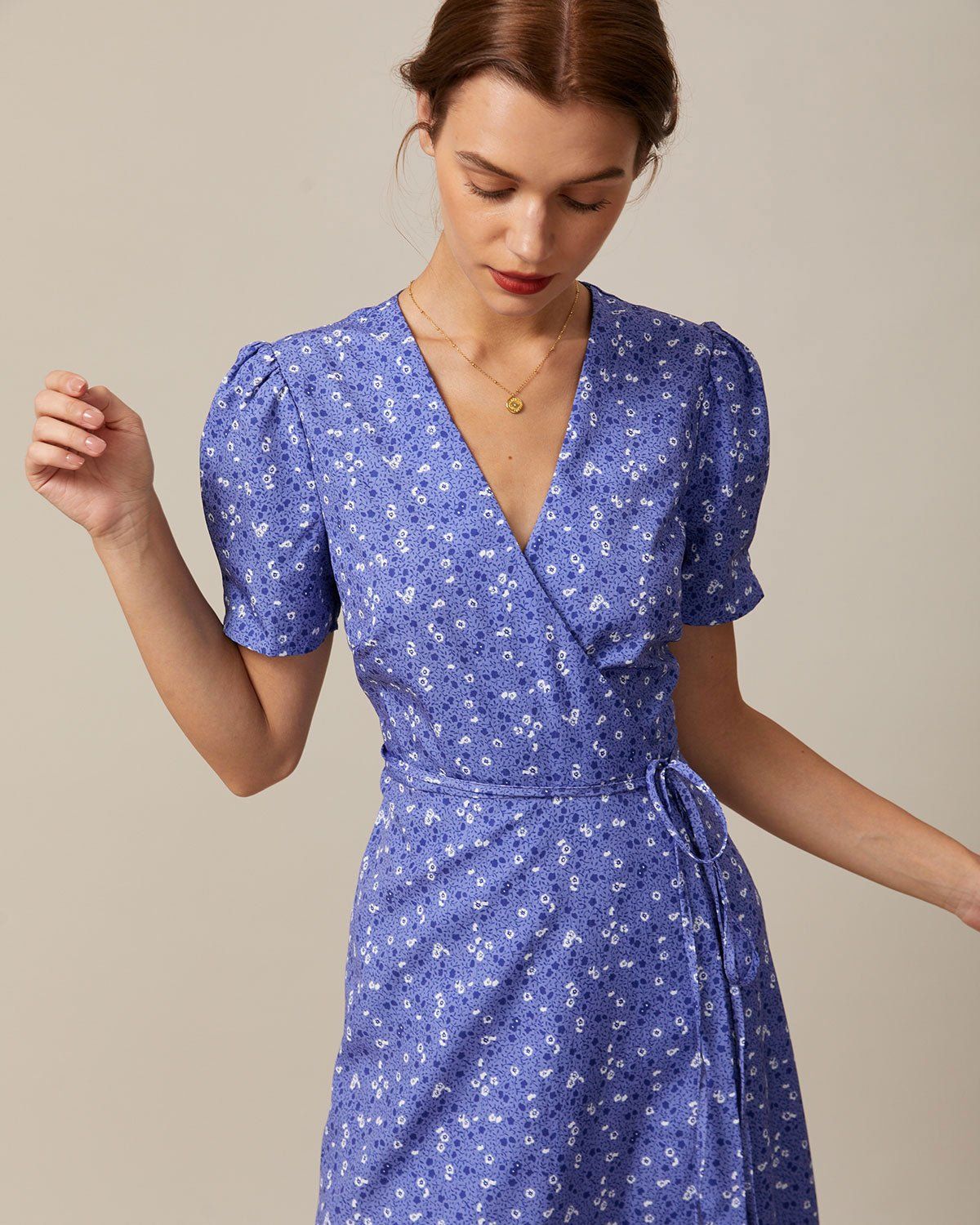 The Purple V Neck Floral Wrap Midi Dress sold by rihoas product image thumbnail 3