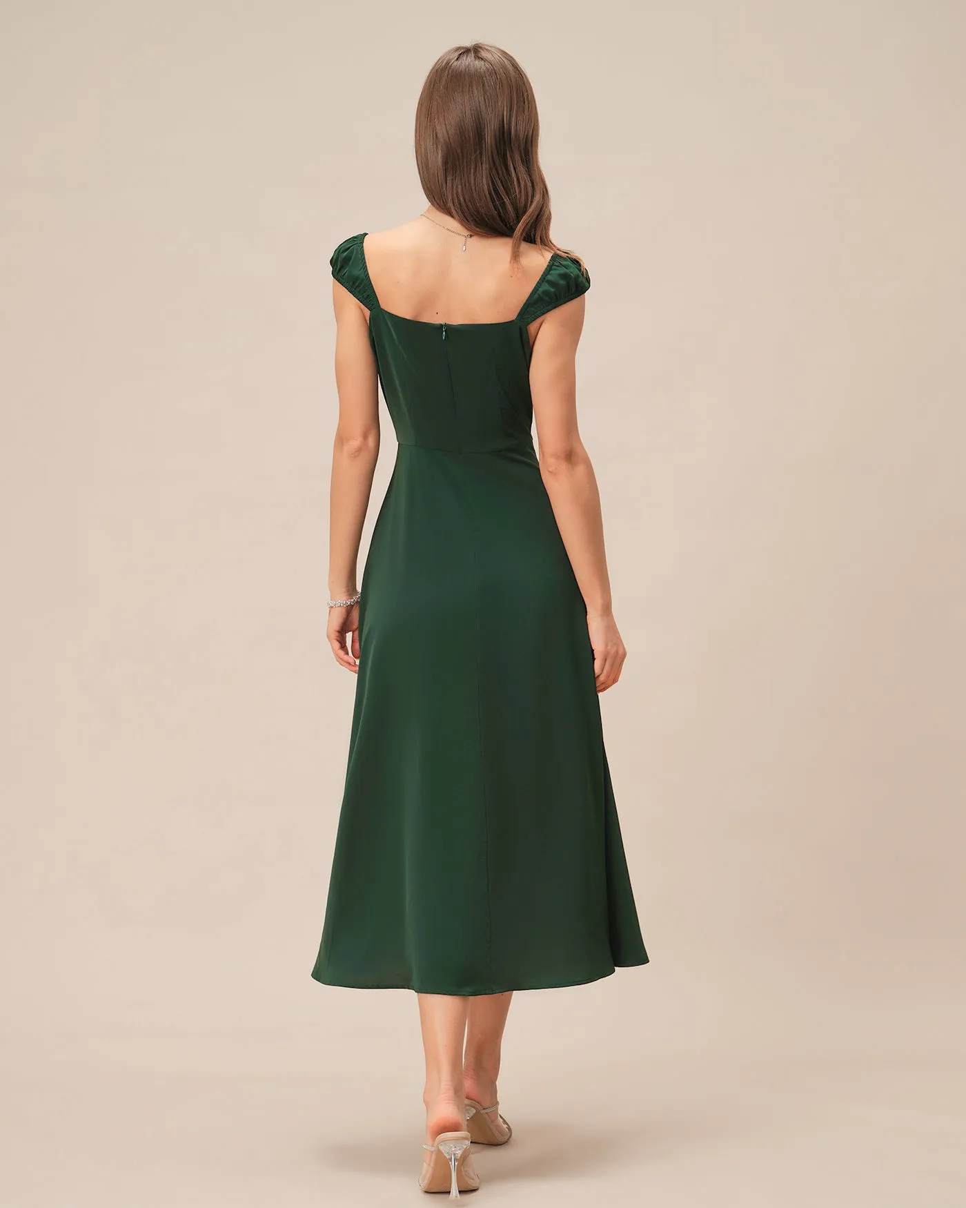Green Square Neck Cap Sleeve Midi Dress sold by rihoas product image thumbnail 4