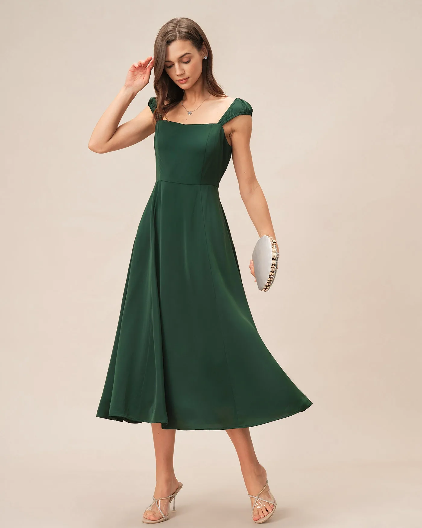 Green Square Neck Cap Sleeve Midi Dress sold by rihoas