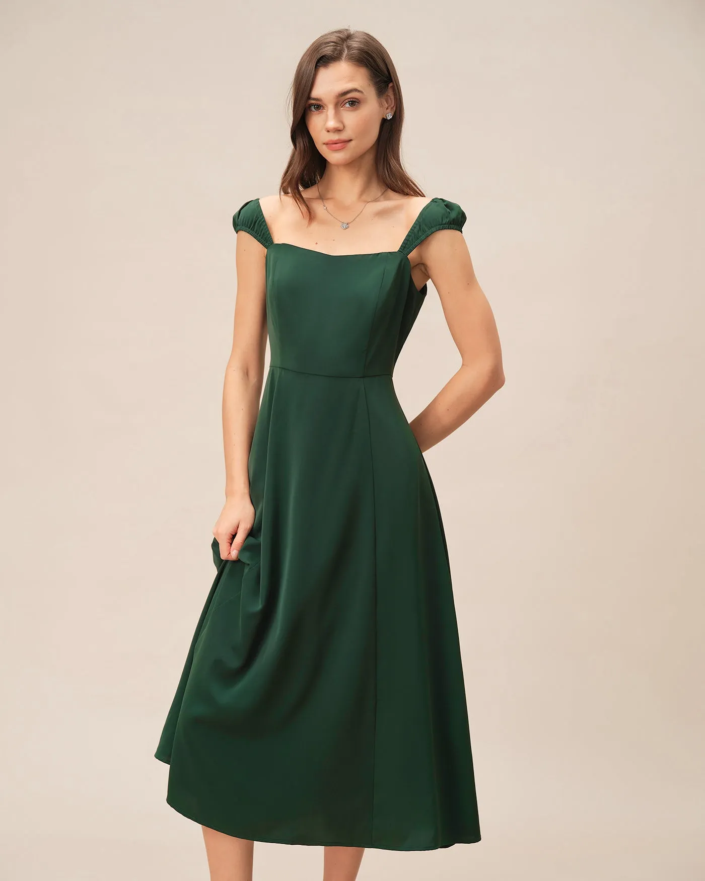 Green Square Neck Cap Sleeve Midi Dress sold by rihoas product image thumbnail 3